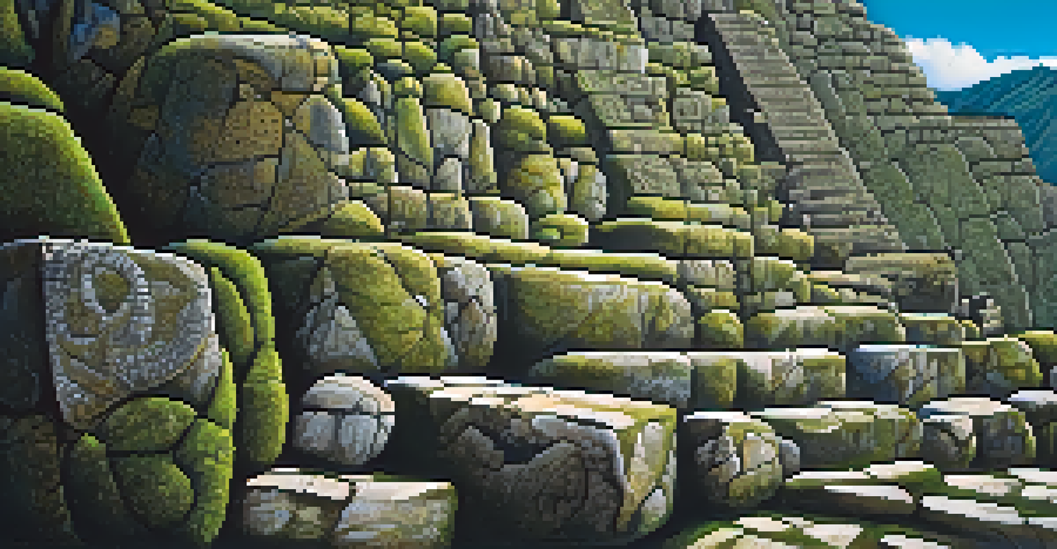Close-up of the Intihuatana stone at Machu Picchu with carvings and moss, set against the Andes mountains.