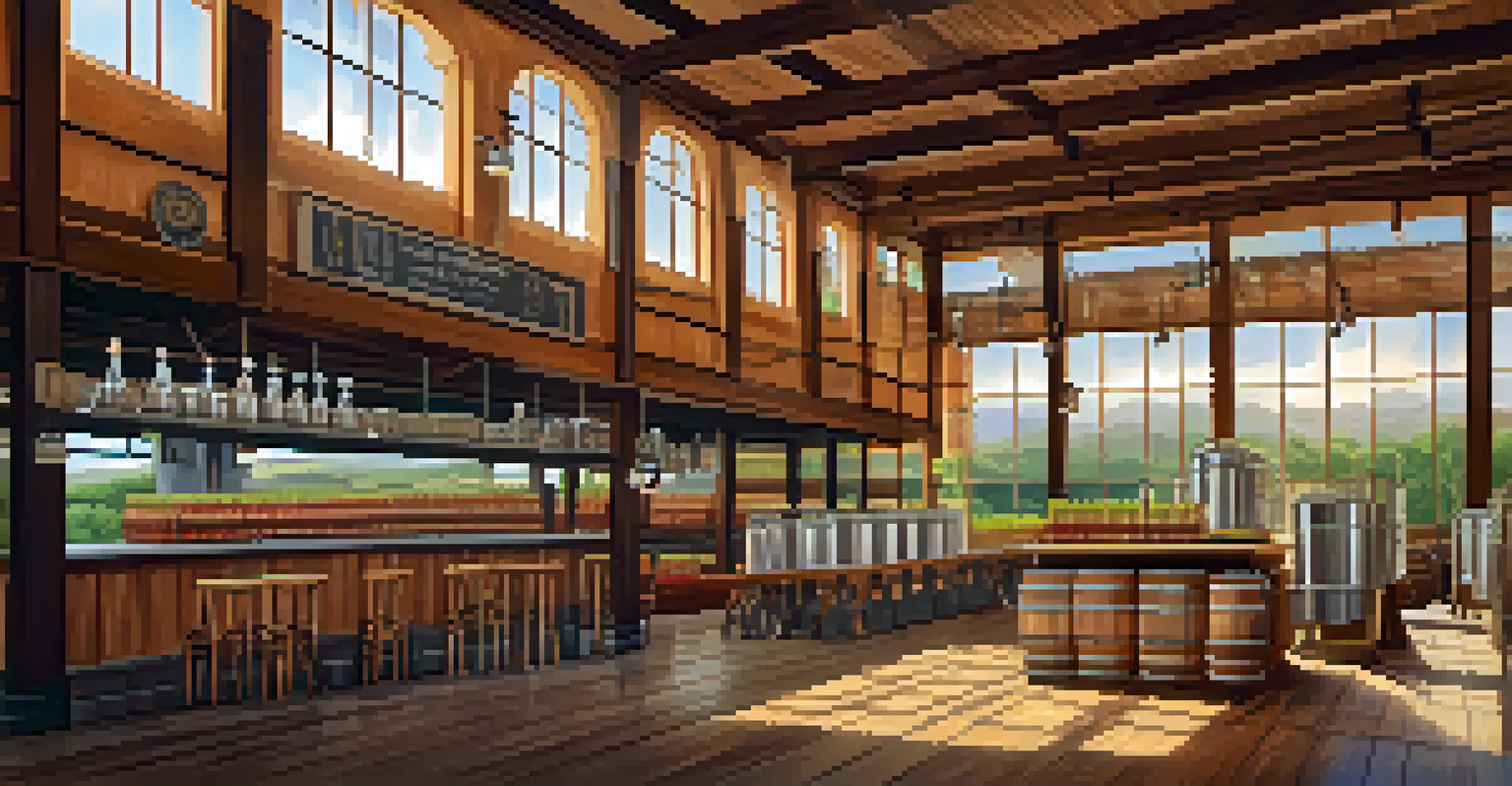 A modern craft brewery in Peru, where a brewer is mixing local ingredients, with sunlight illuminating the brewing equipment and vibrant colors.