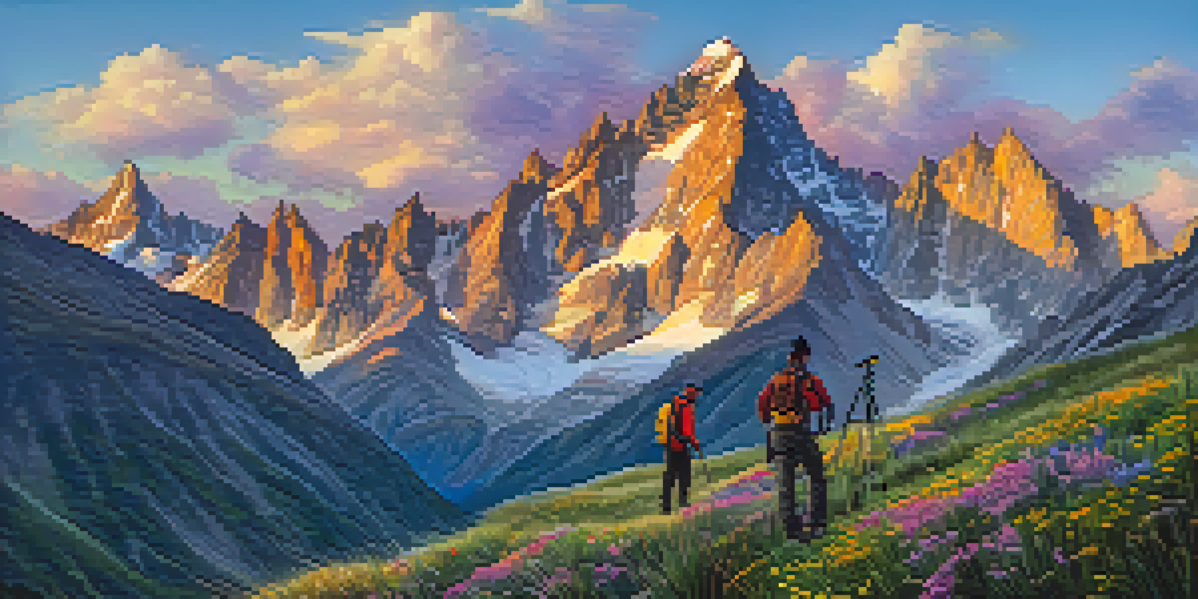A climber preparing gear in the foreground with the sun rising over the majestic Andes mountains in the background, surrounded by wildflowers.