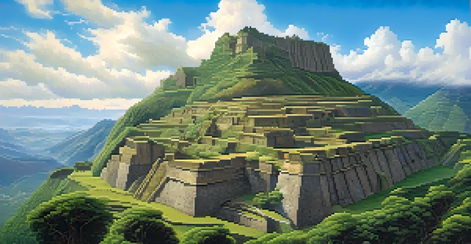 A panoramic view of the ancient fortress of Kuelap in the Andes, surrounded by green forests and waterfalls.