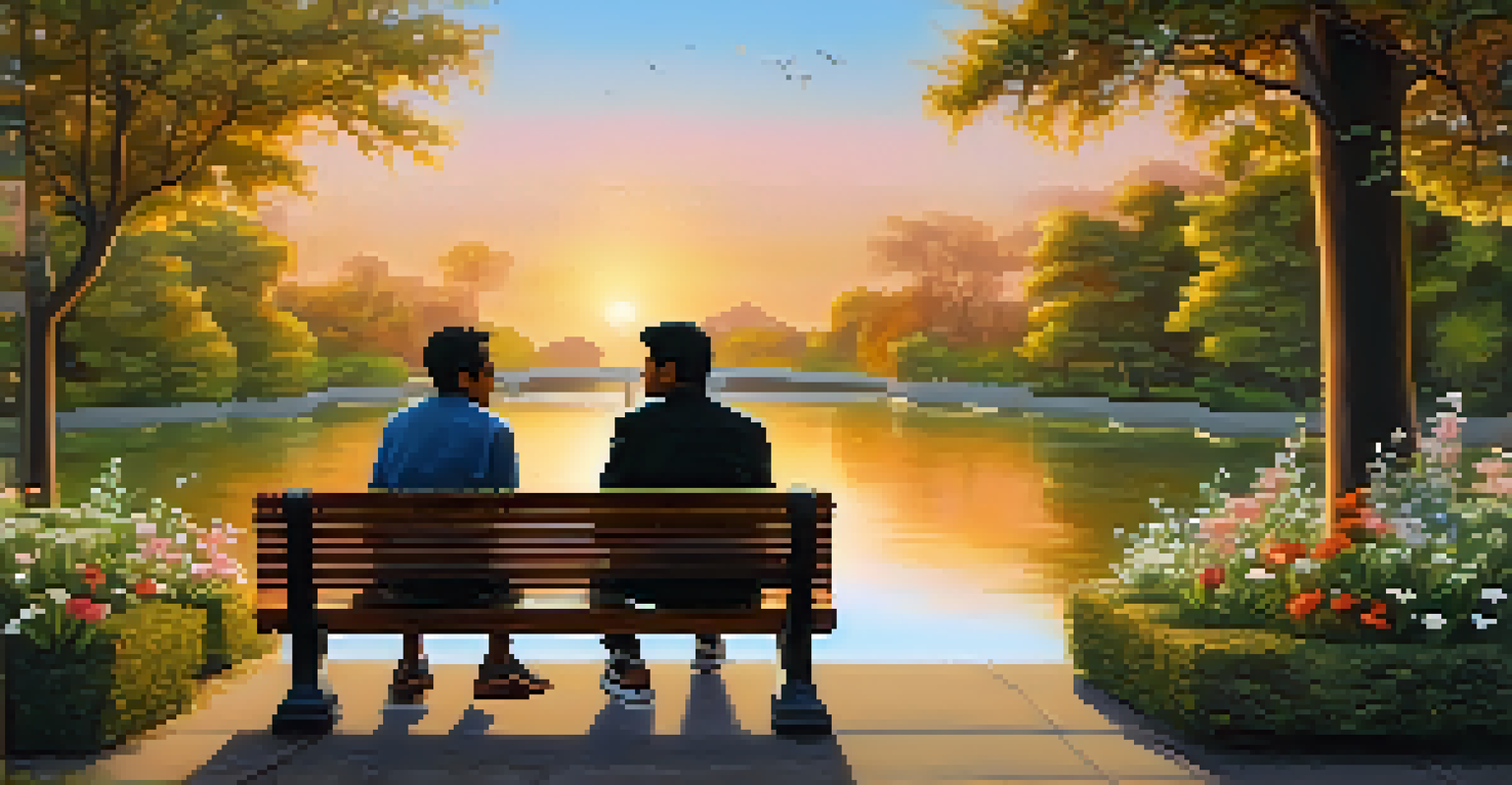 Two individuals from different cultures sitting together on a bench, sharing stories against a sunset backdrop.