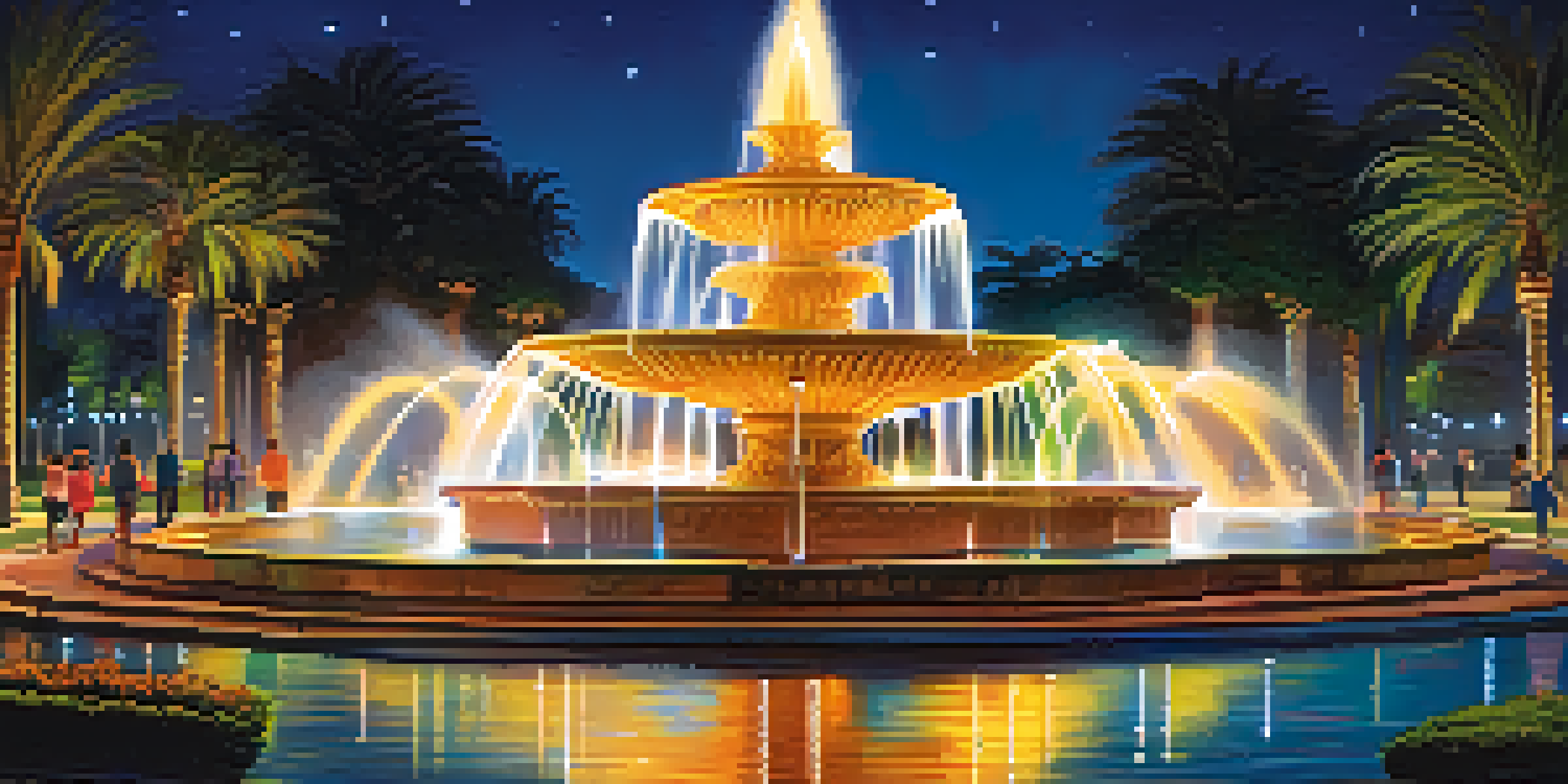 A lively night scene of illuminated fountains at Parque de la Reserva in Lima, with families enjoying the colorful light show.