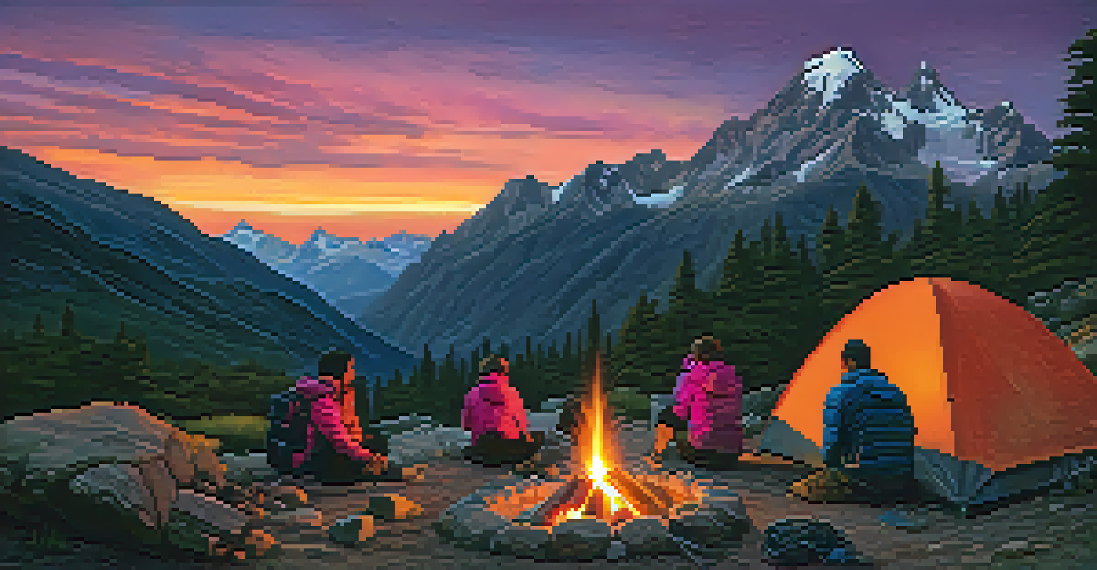A picturesque sunset over the Andes mountains with hikers around a campfire.