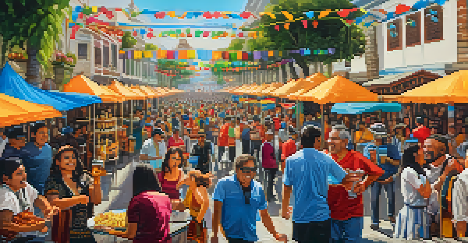 Crowd enjoying music and artisanal beers at the Festival de la Cerveza Artesanal in Lima, with traditional Peruvian food like ceviche.