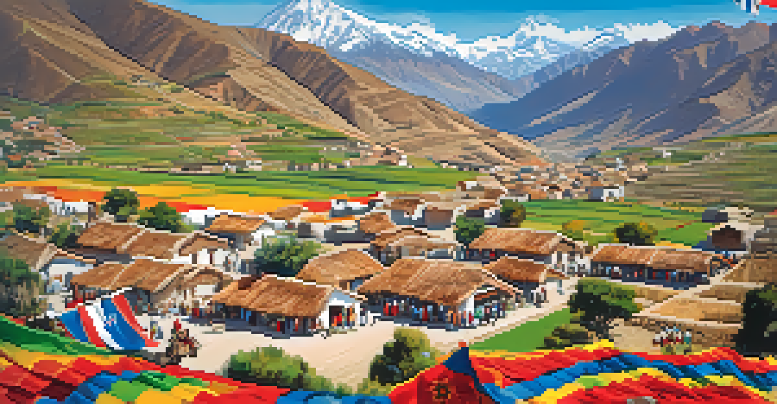 A traditional village in the Colca Valley with adobe houses and terraced fields, showcasing local residents in traditional clothing during a vibrant festival.