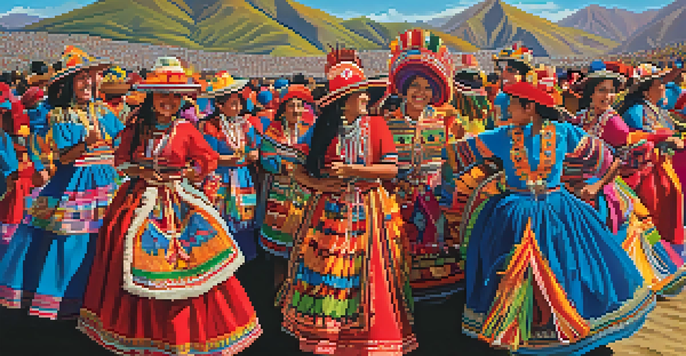 A lively Peruvian festival scene with people in colorful traditional costumes, intricate embroidery, and mountains in the background.