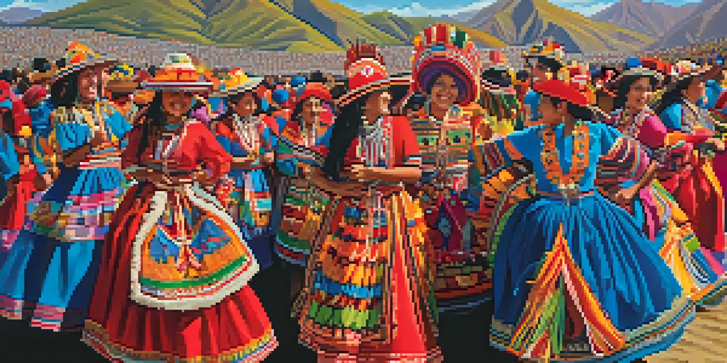 A lively Peruvian festival scene with people in colorful traditional costumes, intricate embroidery, and mountains in the background.