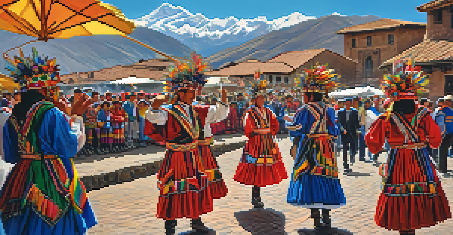 Traditional dancers in colorful costumes performing during a local festival in Cusco, with the Andes mountains in the background.