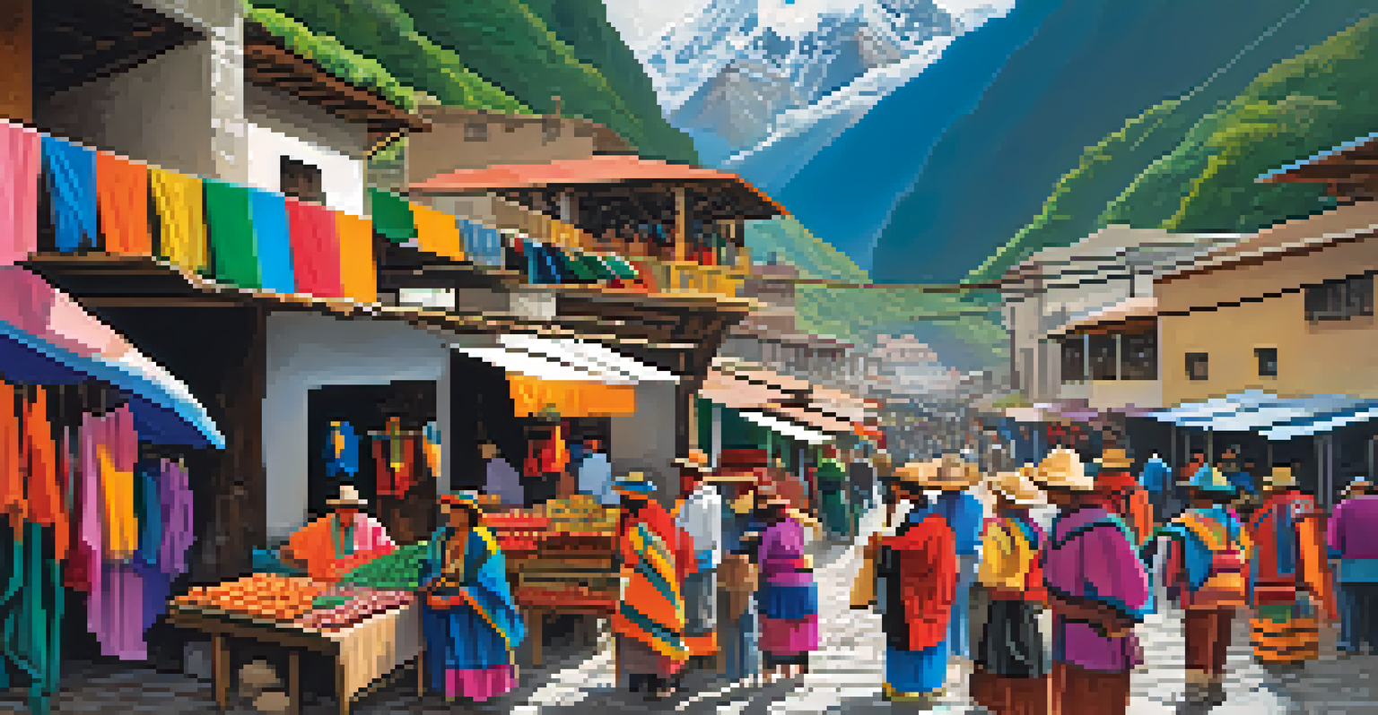 A vibrant market scene in Aguas Calientes, showcasing local artisans and colorful handicrafts with the Andes mountains in the background.