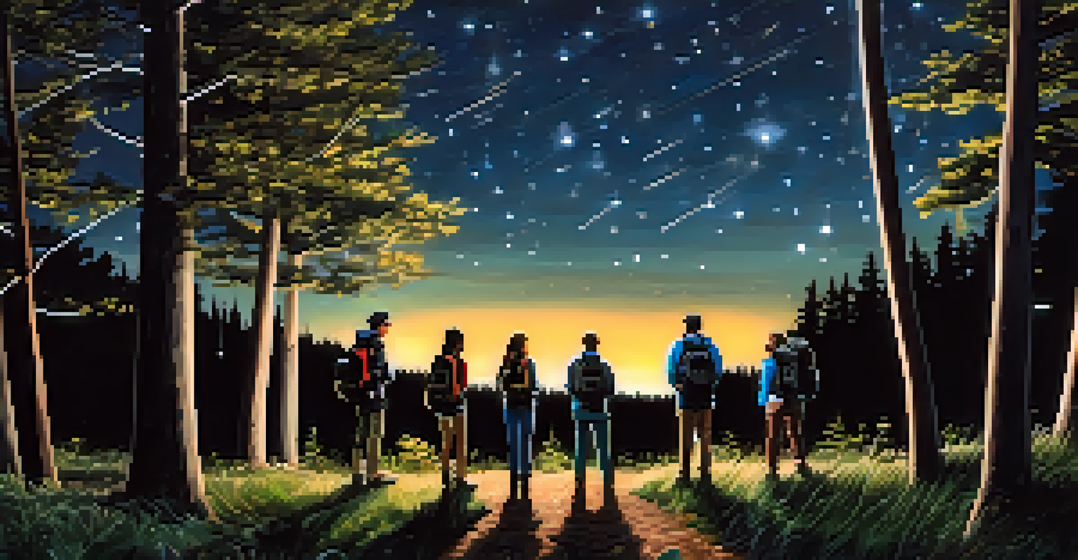 A group of people on a nighttime nature walk with a guide pointing at constellations in the starry sky.