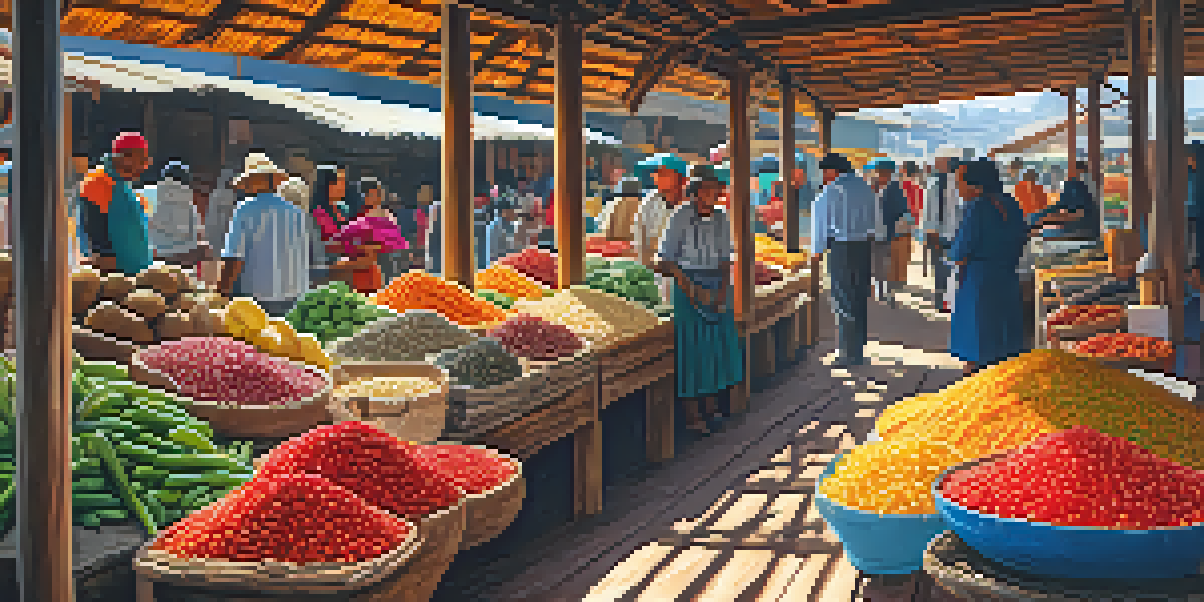 A lively market in Peru filled with colorful native ingredients like potatoes and quinoa, with vendors and sunlight filtering through.