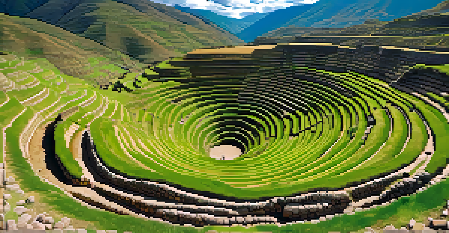 Aerial view of the circular terraces of Moray in the Sacred Valley, highlighting the lush green landscape and the innovative agricultural practices of the Inca civilization.