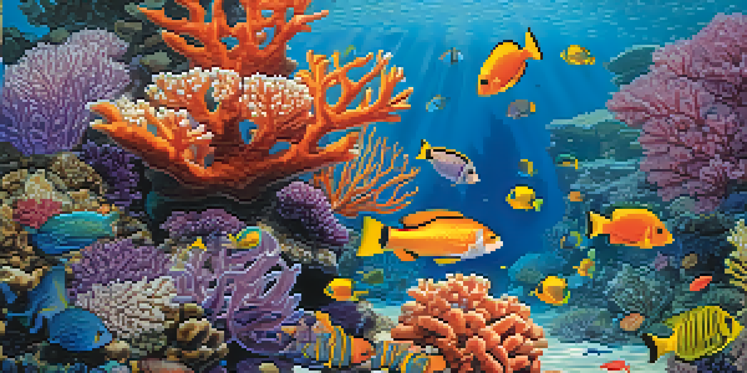 An underwater scene with a colorful coral reef filled with various fish and vibrant coral structures.