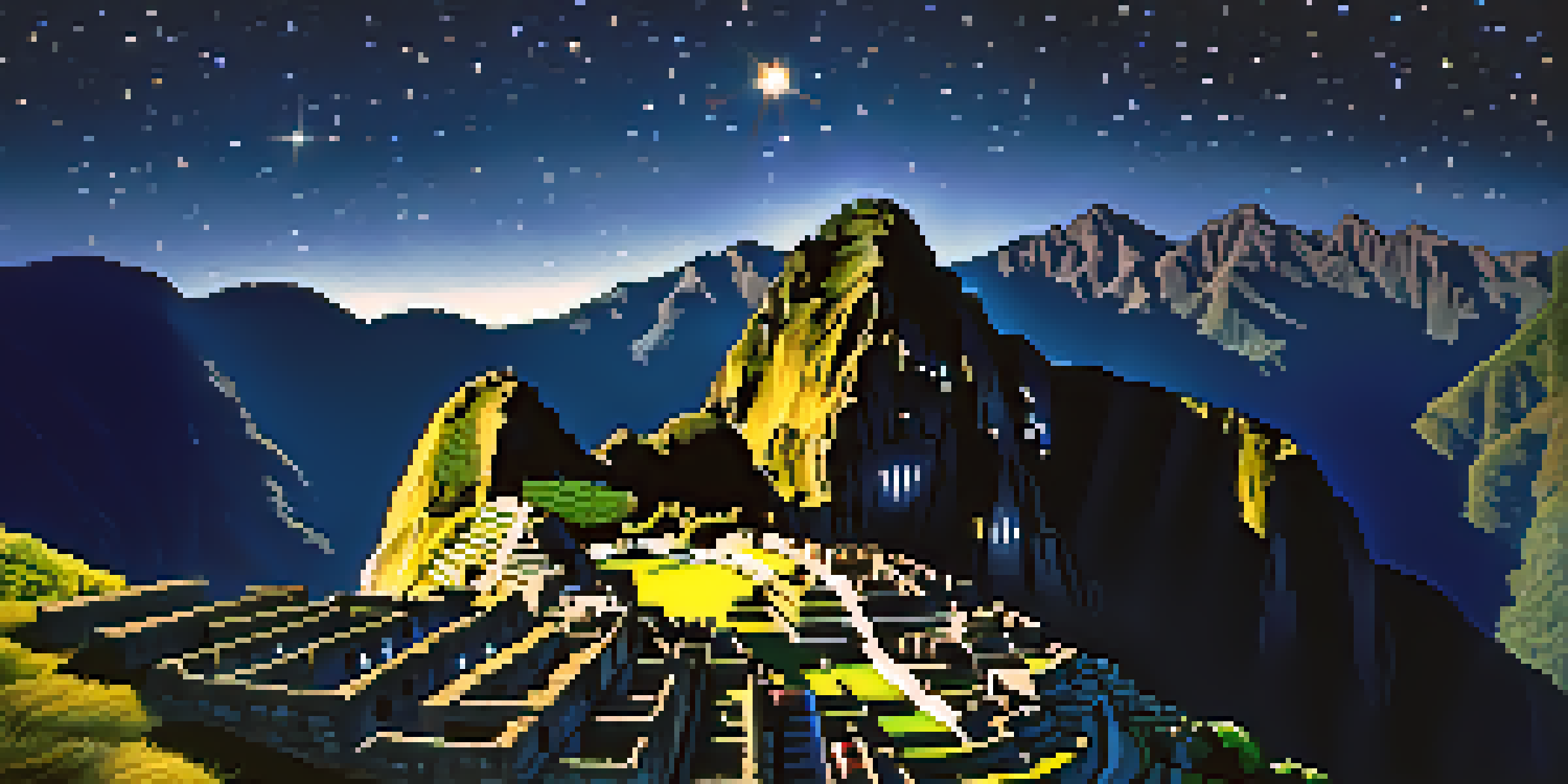 A nighttime view of Machu Picchu with mysterious orbs of light illuminating the ruins against a starry sky.