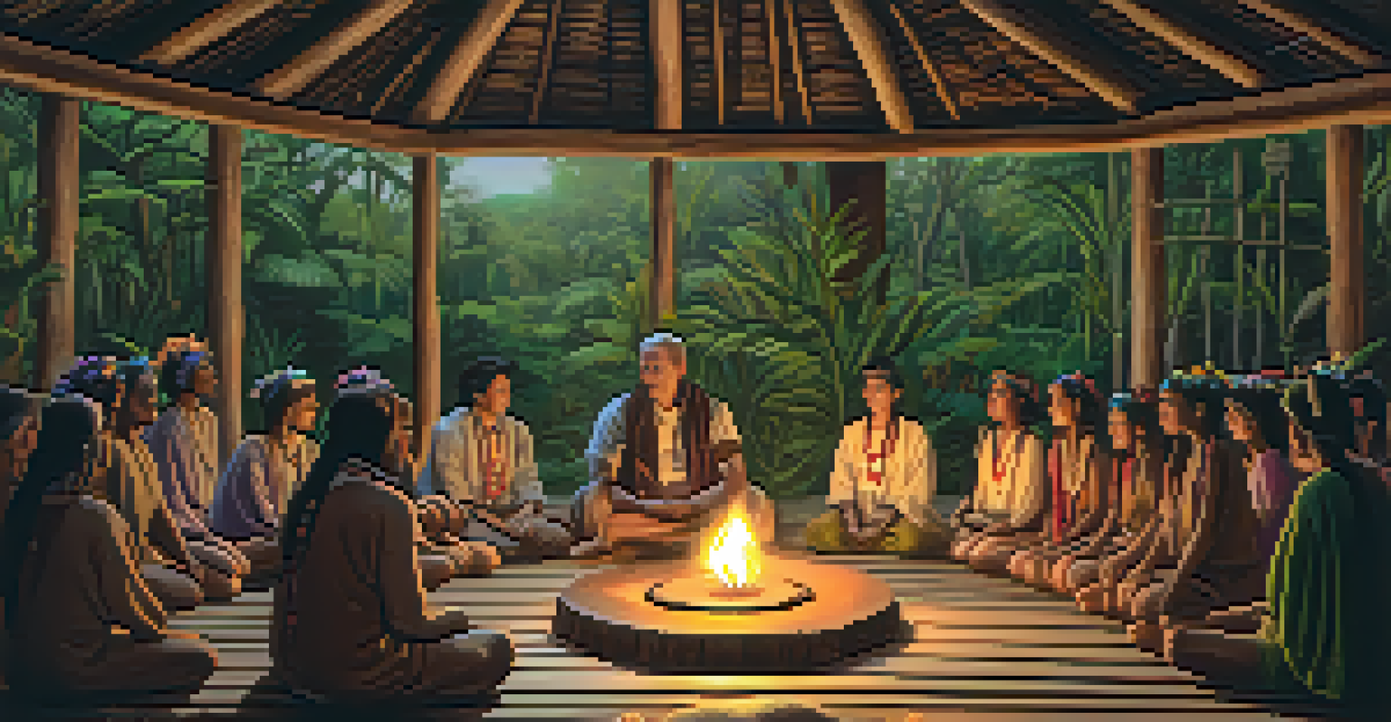 A shaman guiding an ayahuasca ceremony in a rustic lodge with participants seated in a circle around an altar.