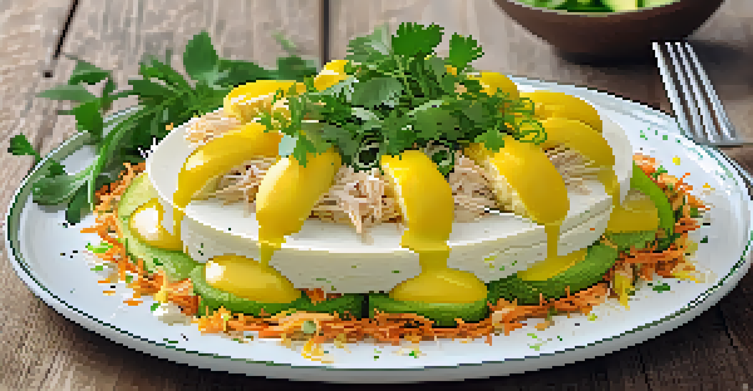 A close-up of a plate of causa, a layered potato dish with avocado and chicken, beautifully garnished.