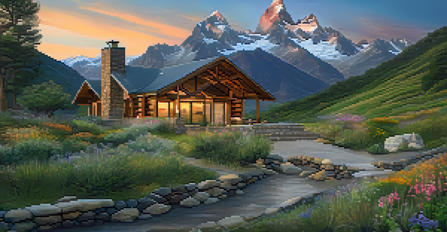 An eco-lodge in the Andes mountains surrounded by wildflowers and a scenic trail during sunset.