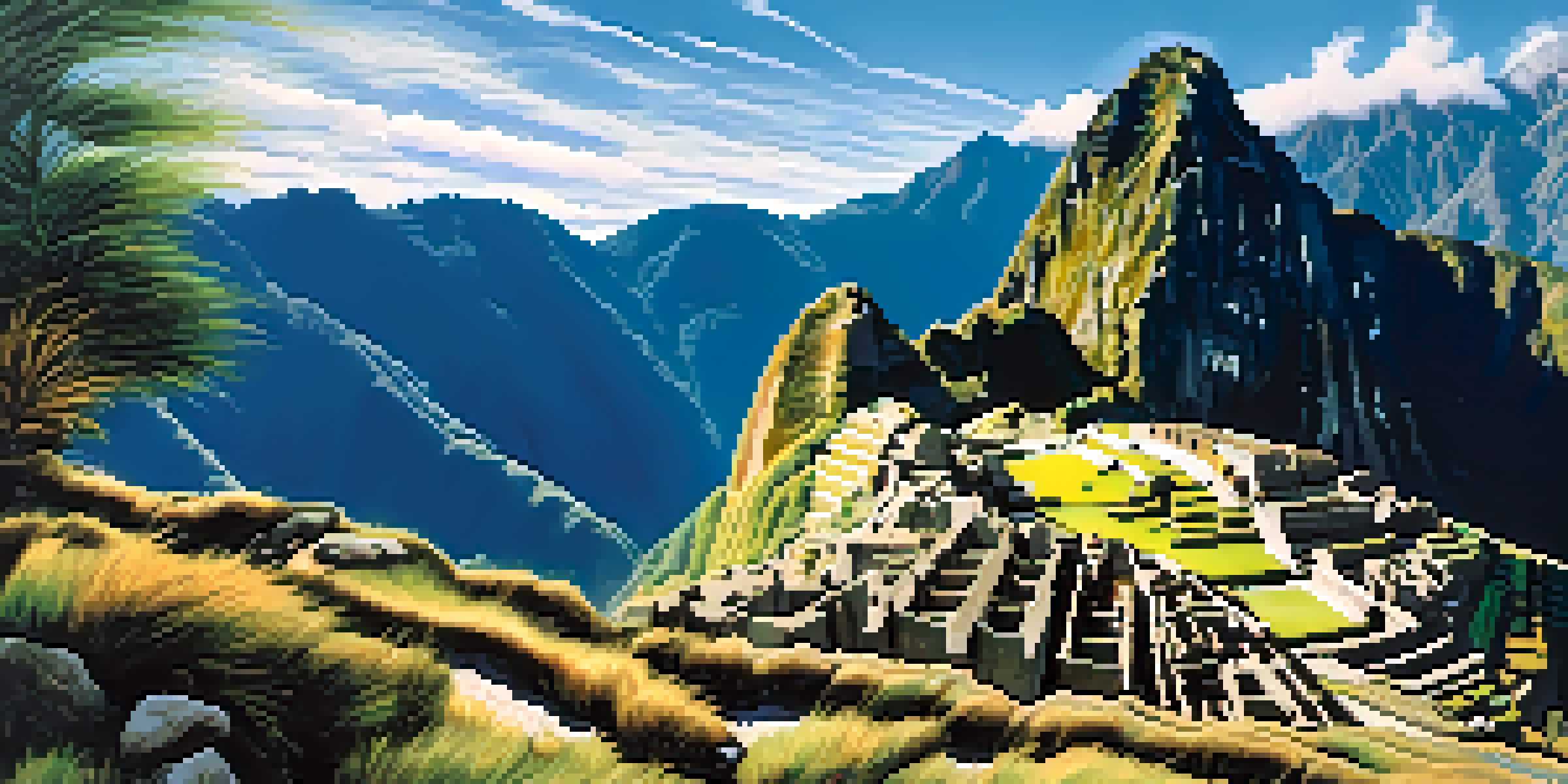 A scenic view of the Inca Trail with hikers, surrounded by lush green valleys and snow-capped mountains under a clear blue sky.