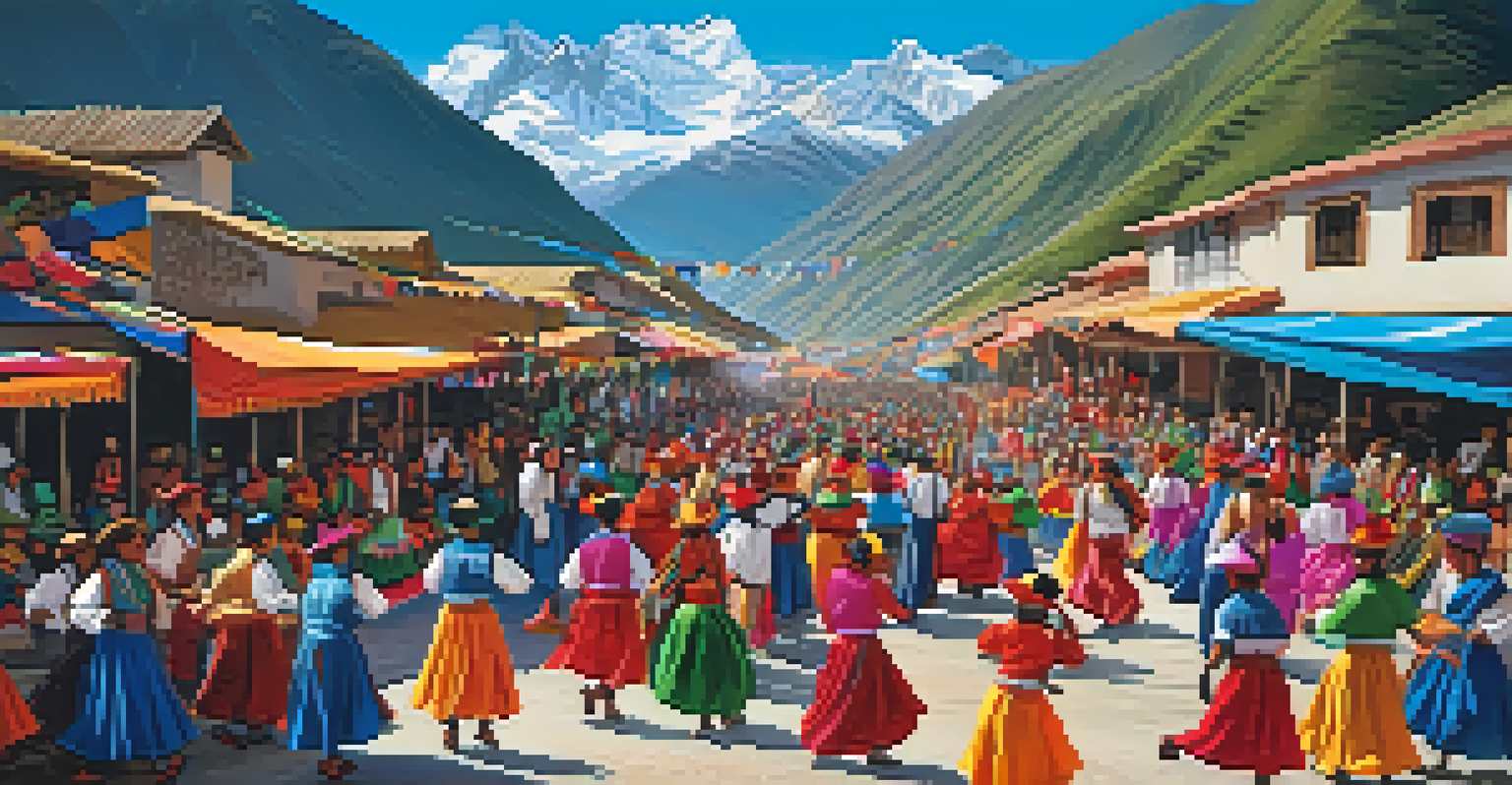 A vibrant Peruvian festival celebration with dancers in traditional costumes and sports activities set against the Andes mountains.