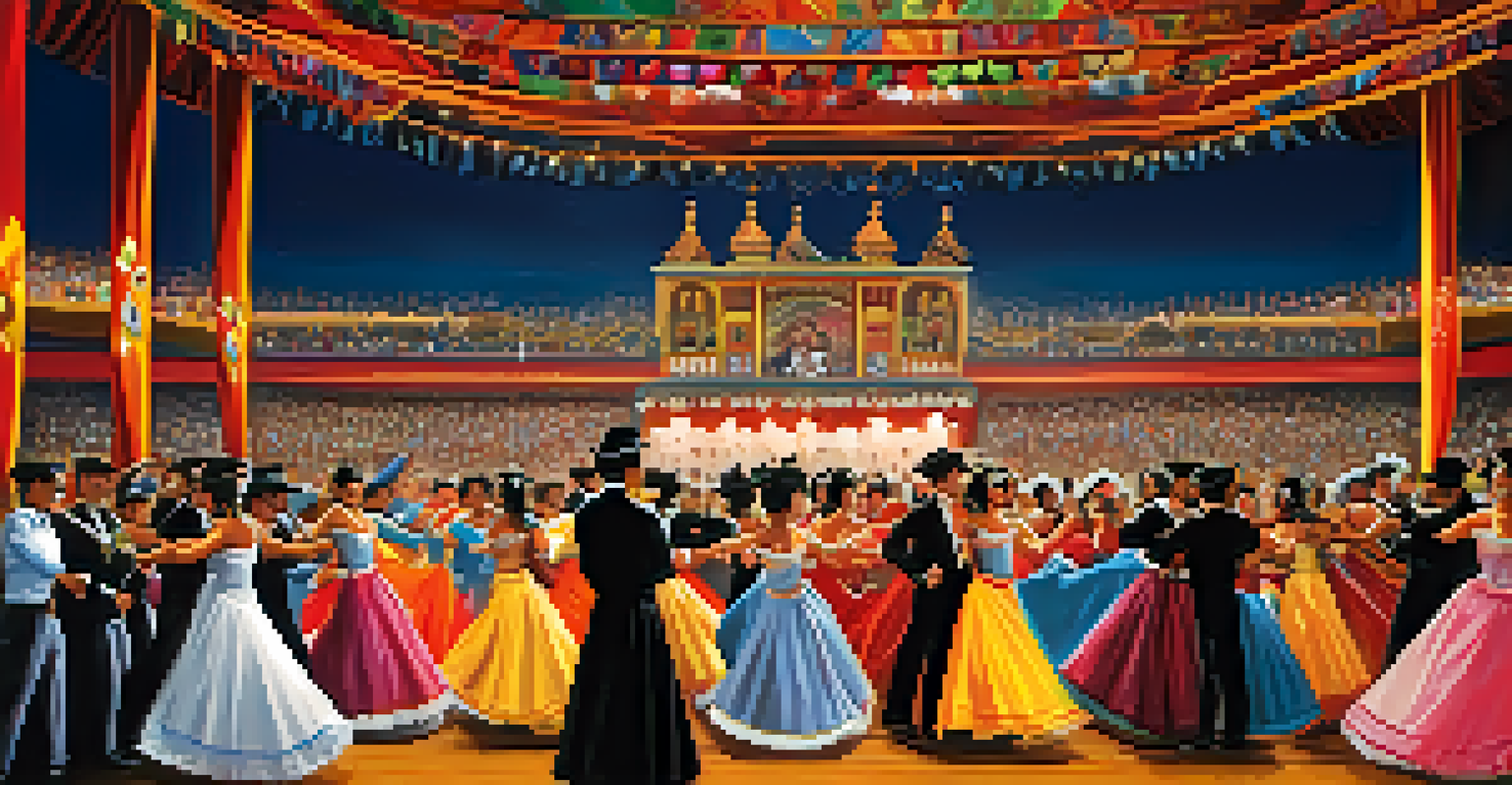A Marinera competition with multiple couples dancing on stage, showcasing vibrant costumes and an enthusiastic audience in a festive atmosphere.