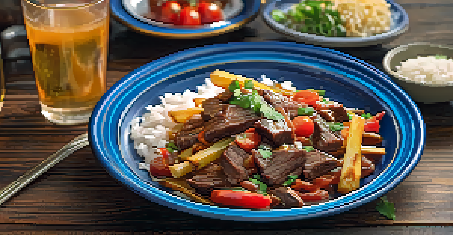 A plate of lomo saltado with beef, onions, tomatoes, fries, and rice on a blue plate in a rustic kitchen.