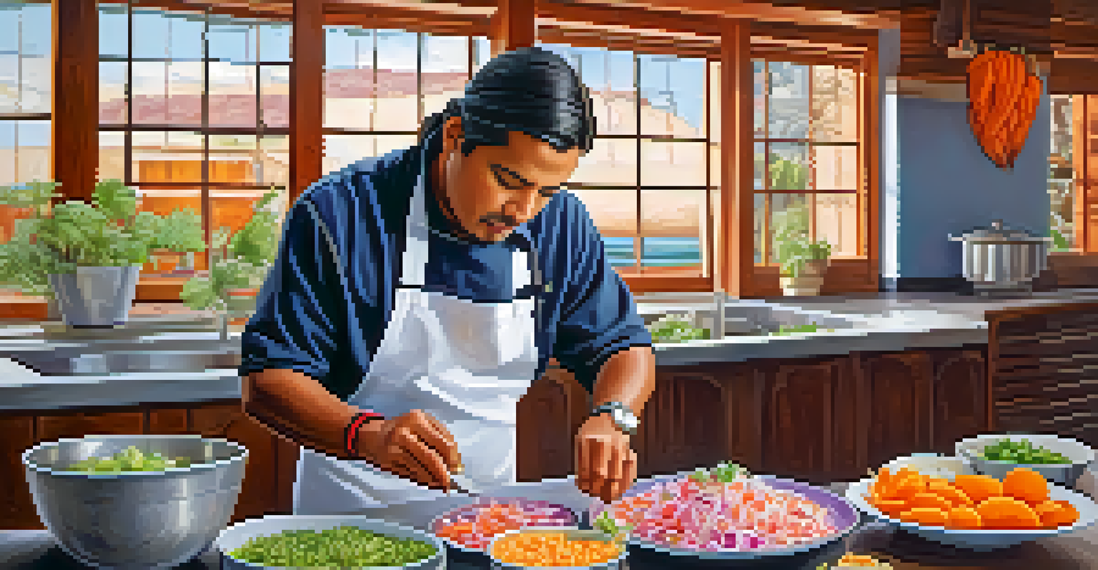 An artisan preparing ceviche with fresh fish, onions, and sweet potato in a bright kitchen, capturing the freshness and vibrant colors of the dish.