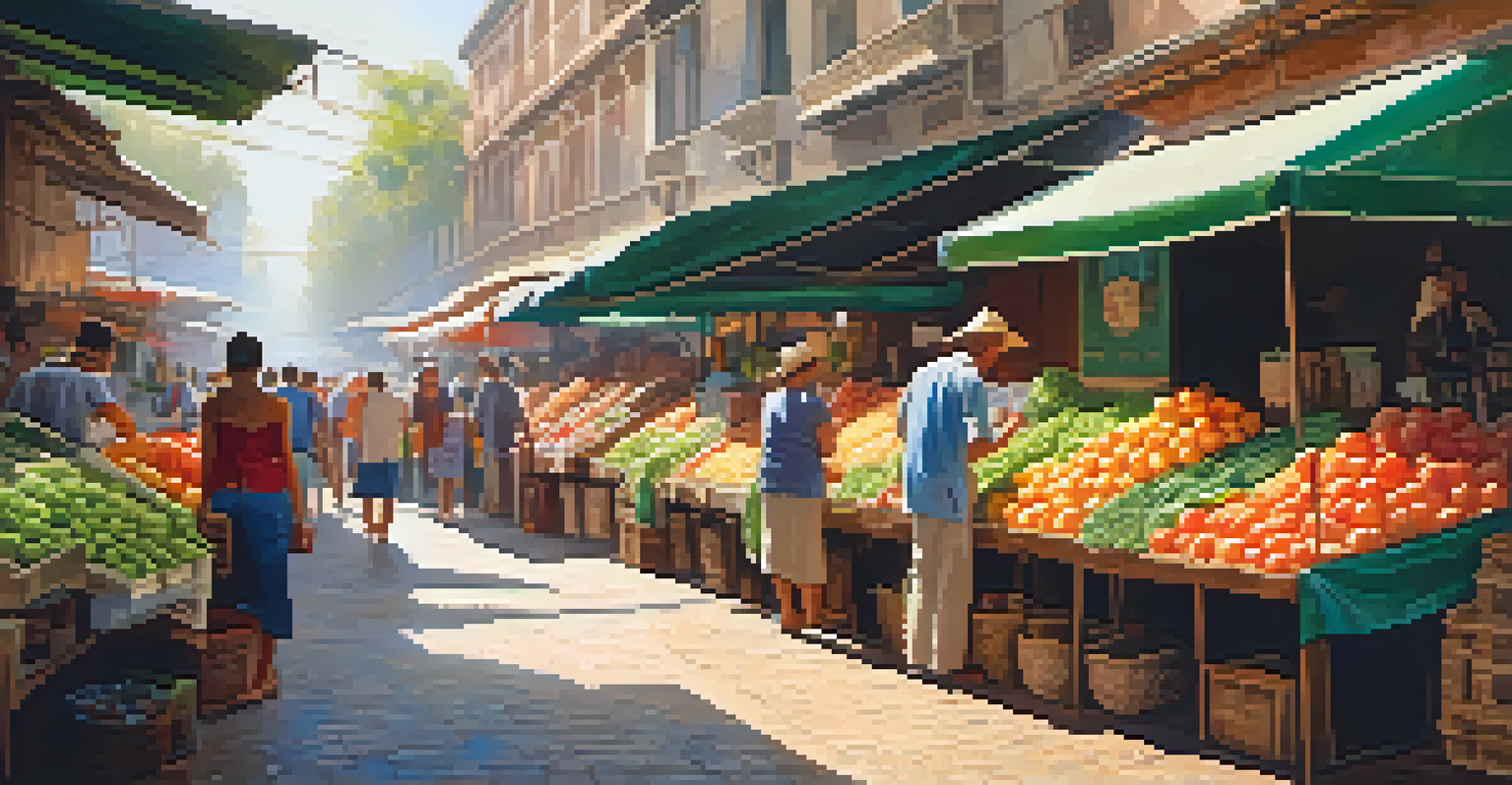 A traveler enjoying bottled water in a lively market filled with fresh produce and colorful stalls under warm sunlight.