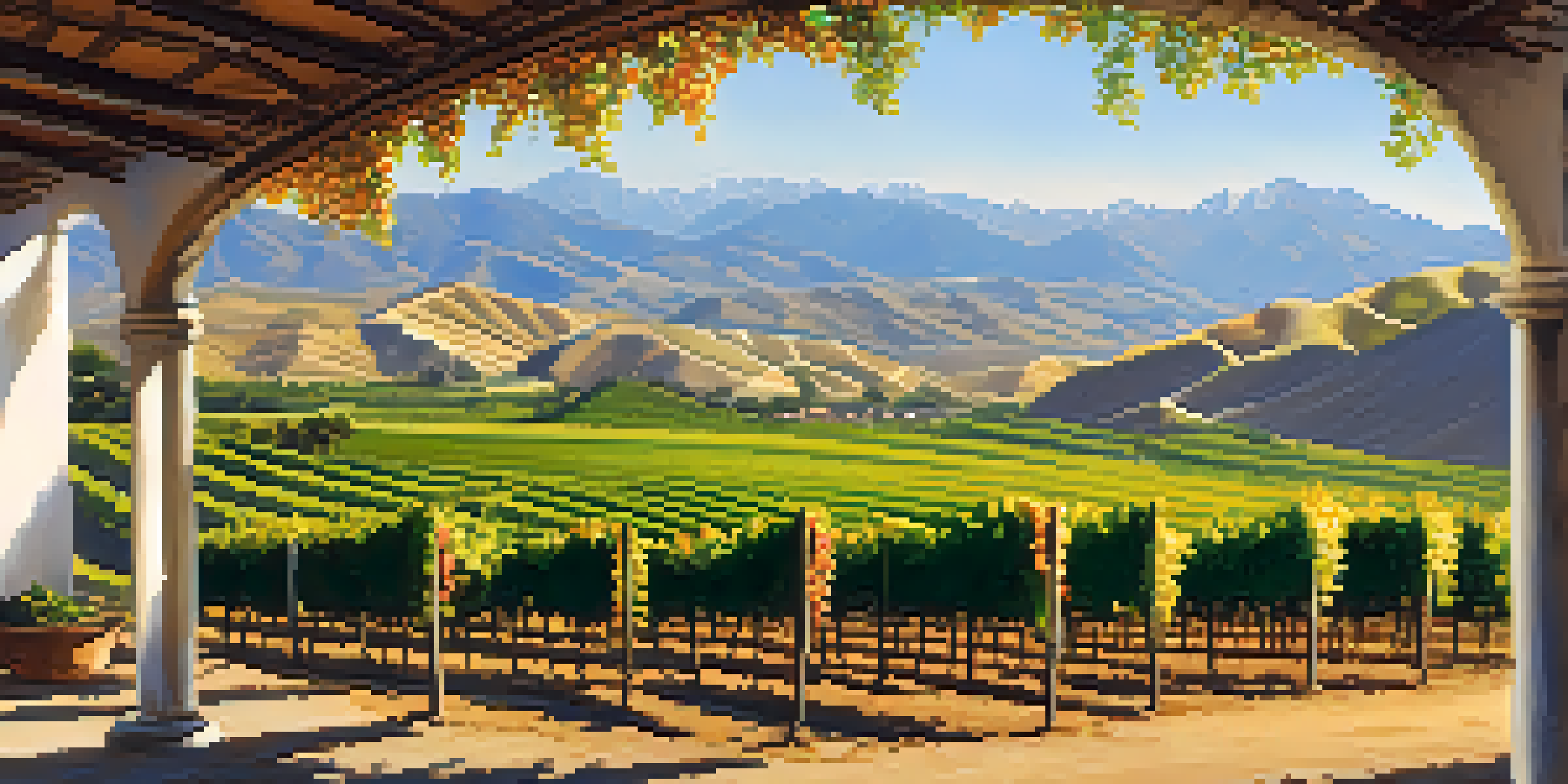 A scenic landscape of high-altitude vineyards in Peru with Quebranta grapevines and the Andes mountains in the background.