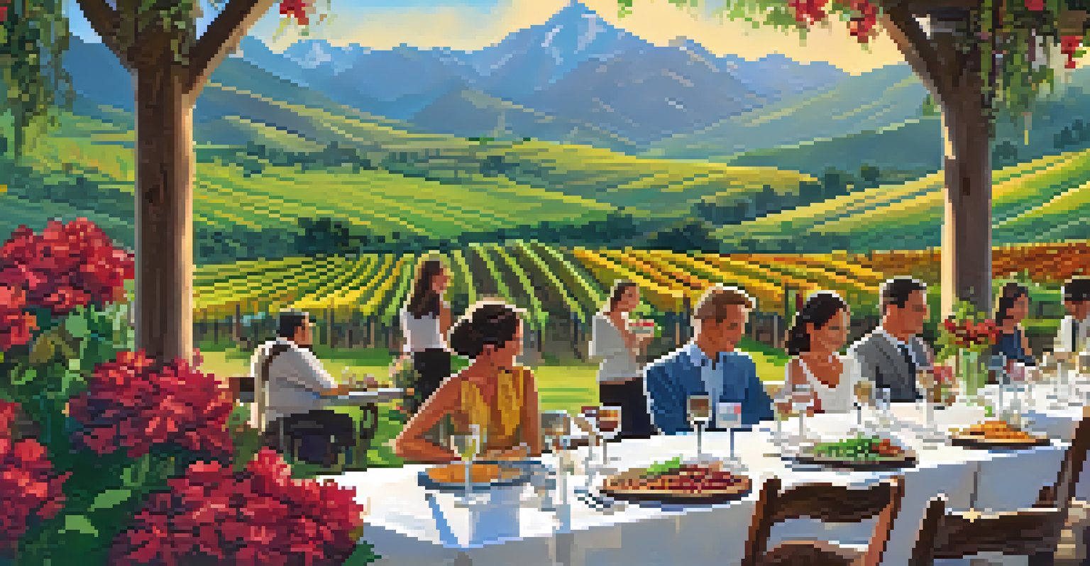 A lively outdoor wine tasting event in a vineyard with guests enjoying wine and food.