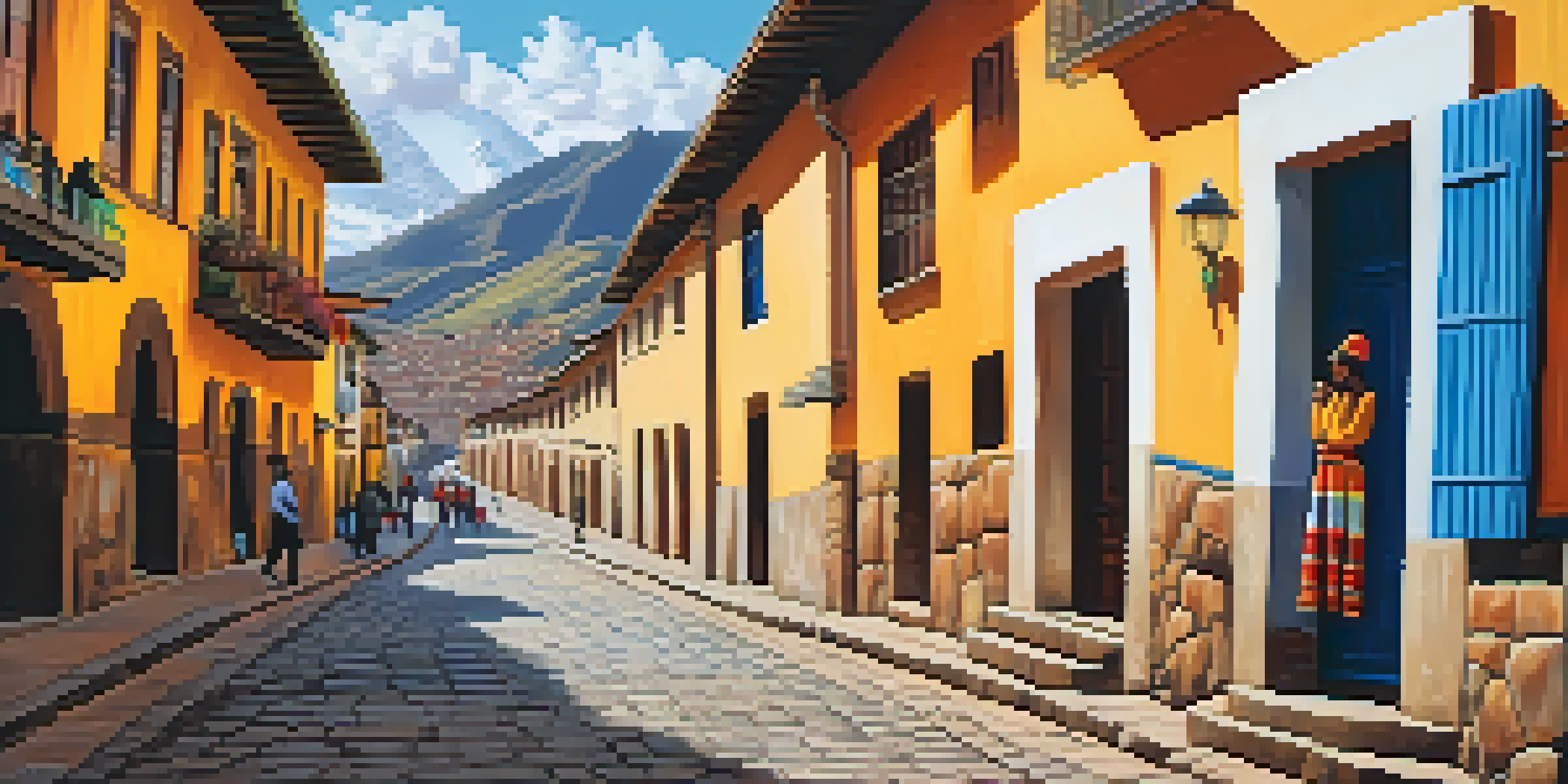 A lively street in Cusco filled with colorful colonial architecture, local textiles, and people enjoying the sun.