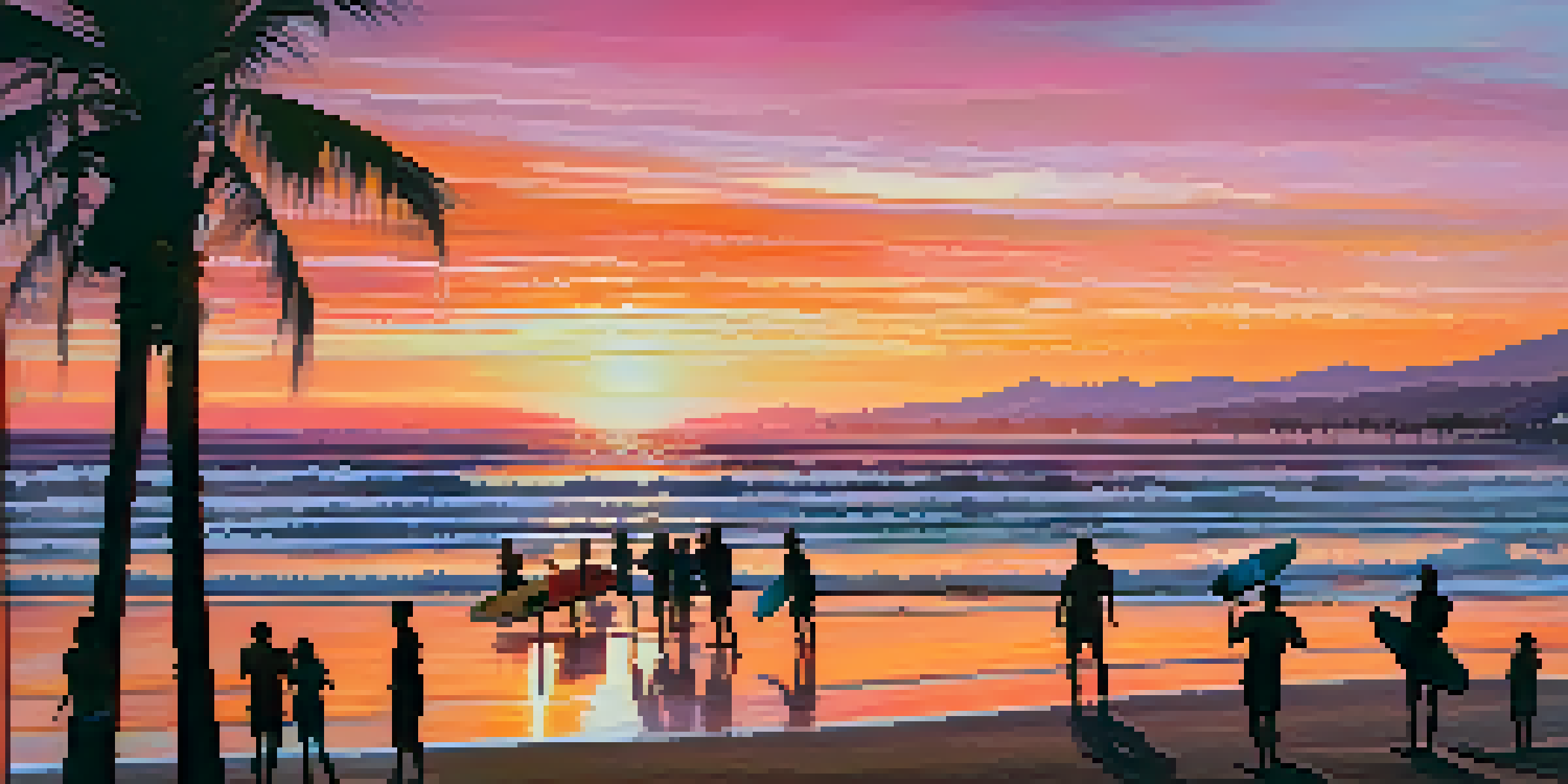 A sunset over Mancora beach with surfers and beachgoers, featuring palm trees and vibrant colors in the sky.