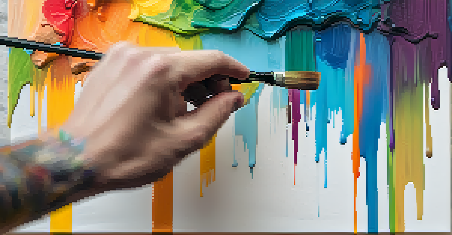 A close-up view of a paintbrush with bright colors above a canvas with abstract artwork, highlighting the creative process.