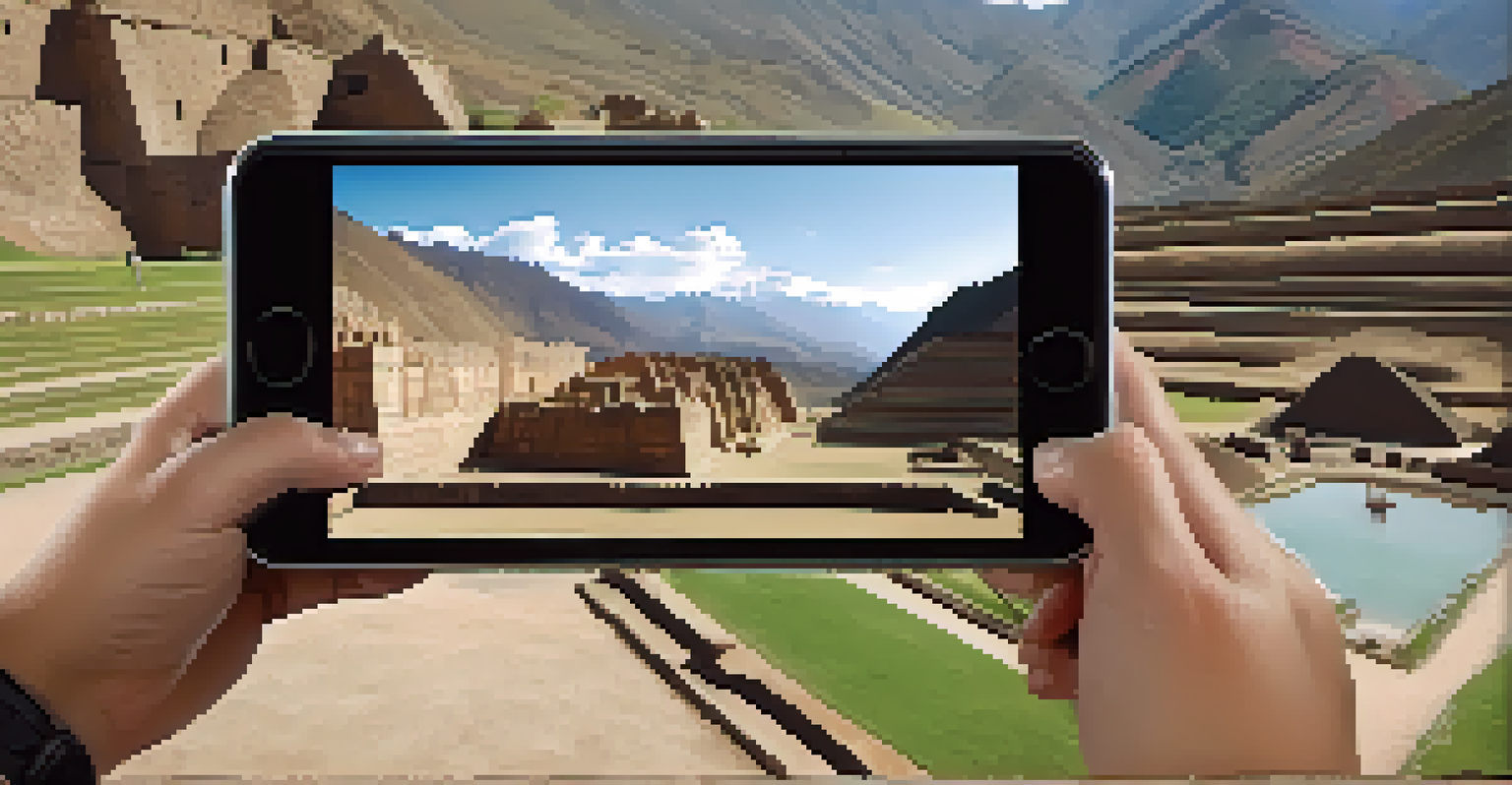 A tourist using augmented reality at a historical site, viewing digital reconstructions of ancient ruins.
