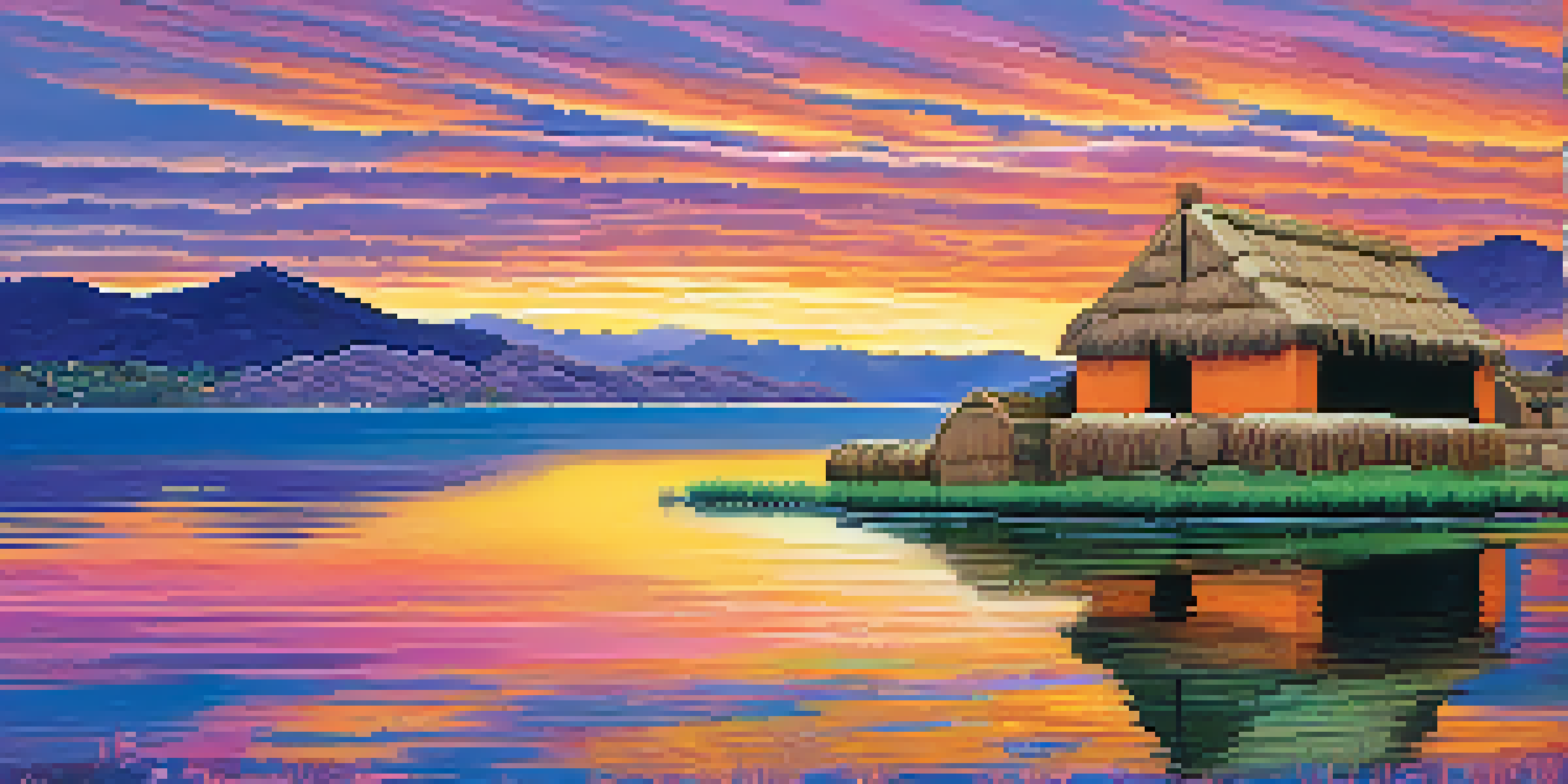 A picturesque view of Lake Titicaca at sunrise, with traditional Inca structures and mountains in the background.