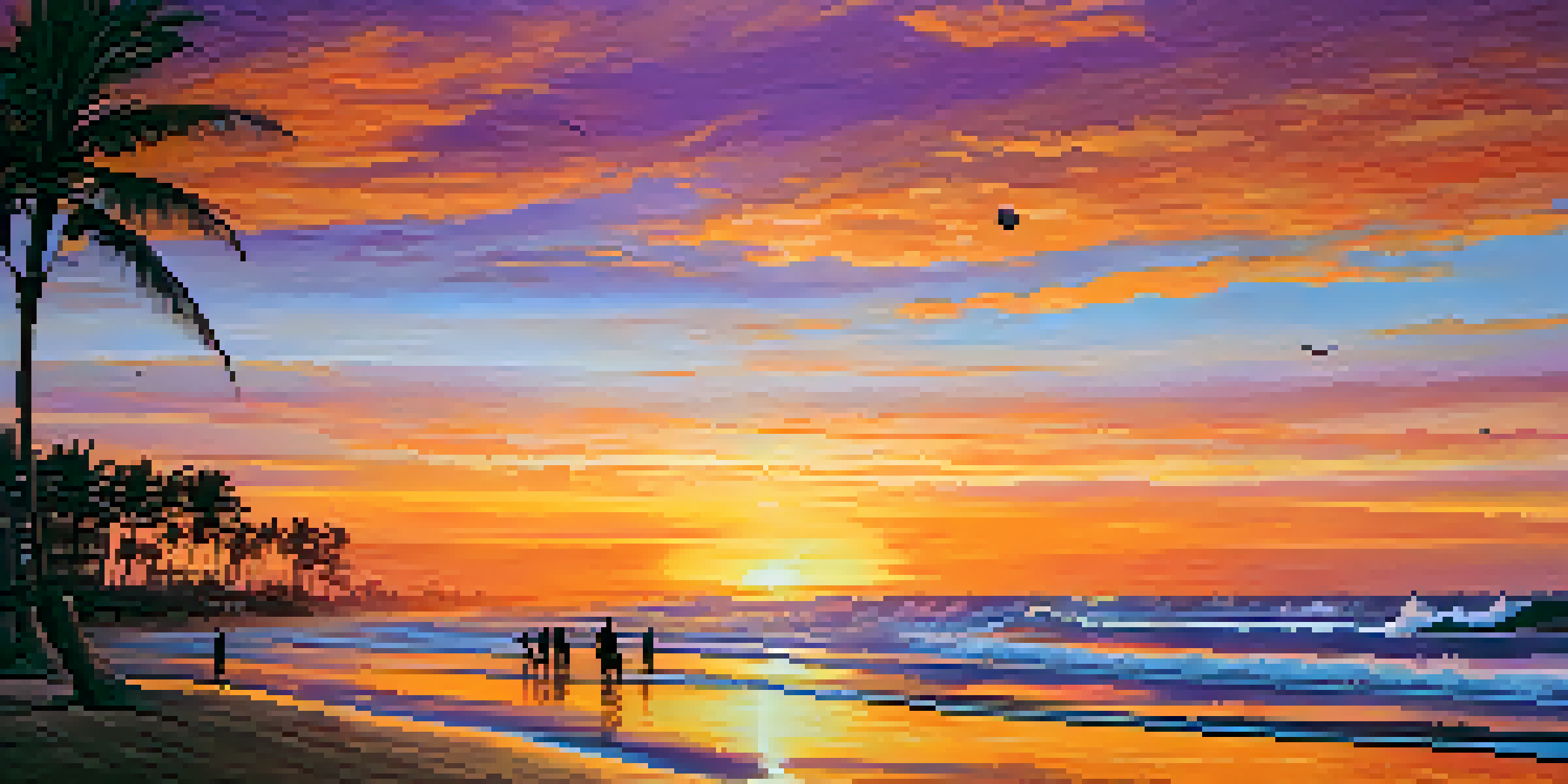 Silhouetted surfers catching waves at sunset on Mancora beach, with a colorful sky of oranges and purples.