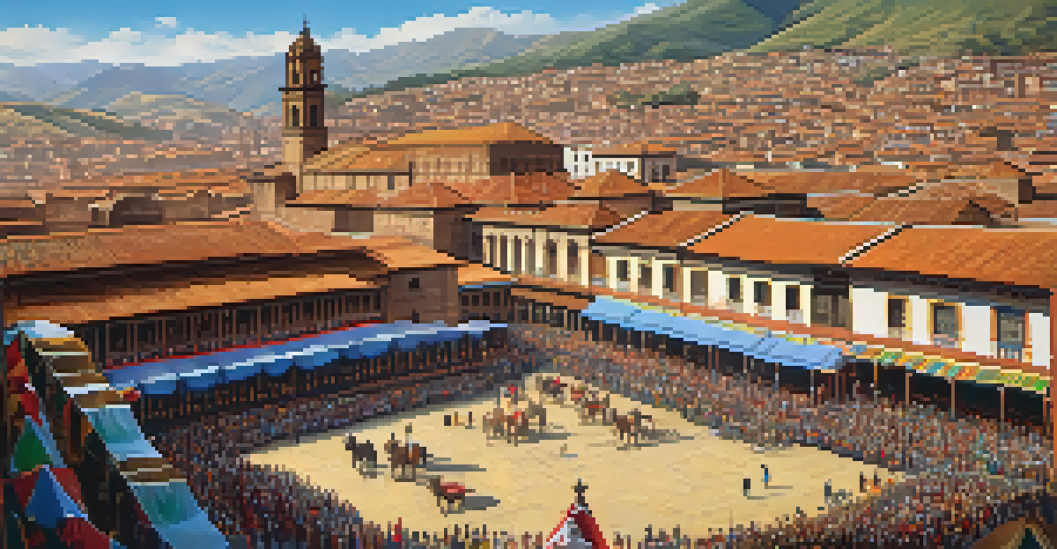 A panoramic view of Cusco during the Inti Raymi festival, showcasing the architecture and the festive crowd.