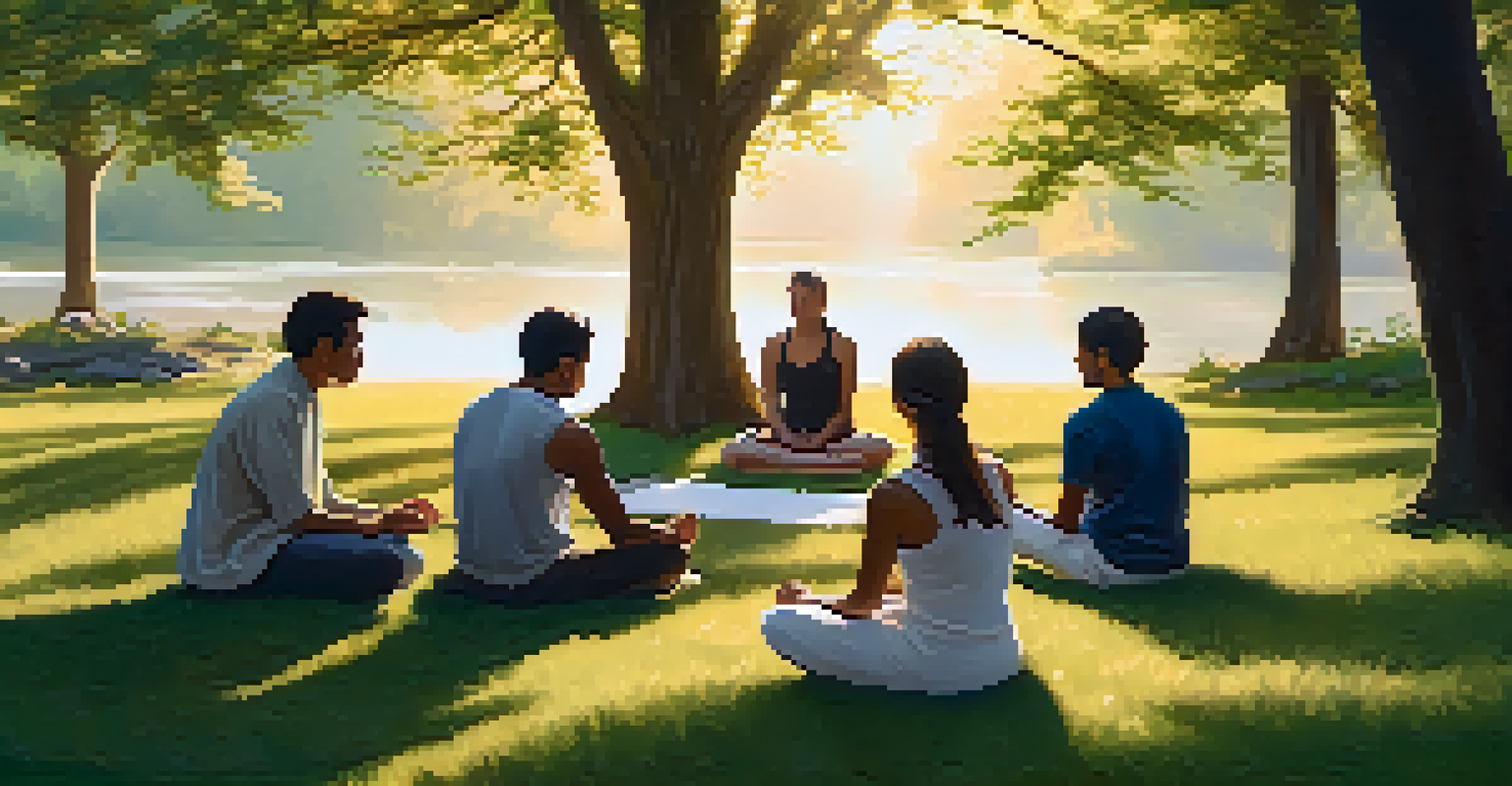 A group of people meditating in a serene outdoor setting, surrounded by trees and a gentle stream, illuminated by warm sunset light.