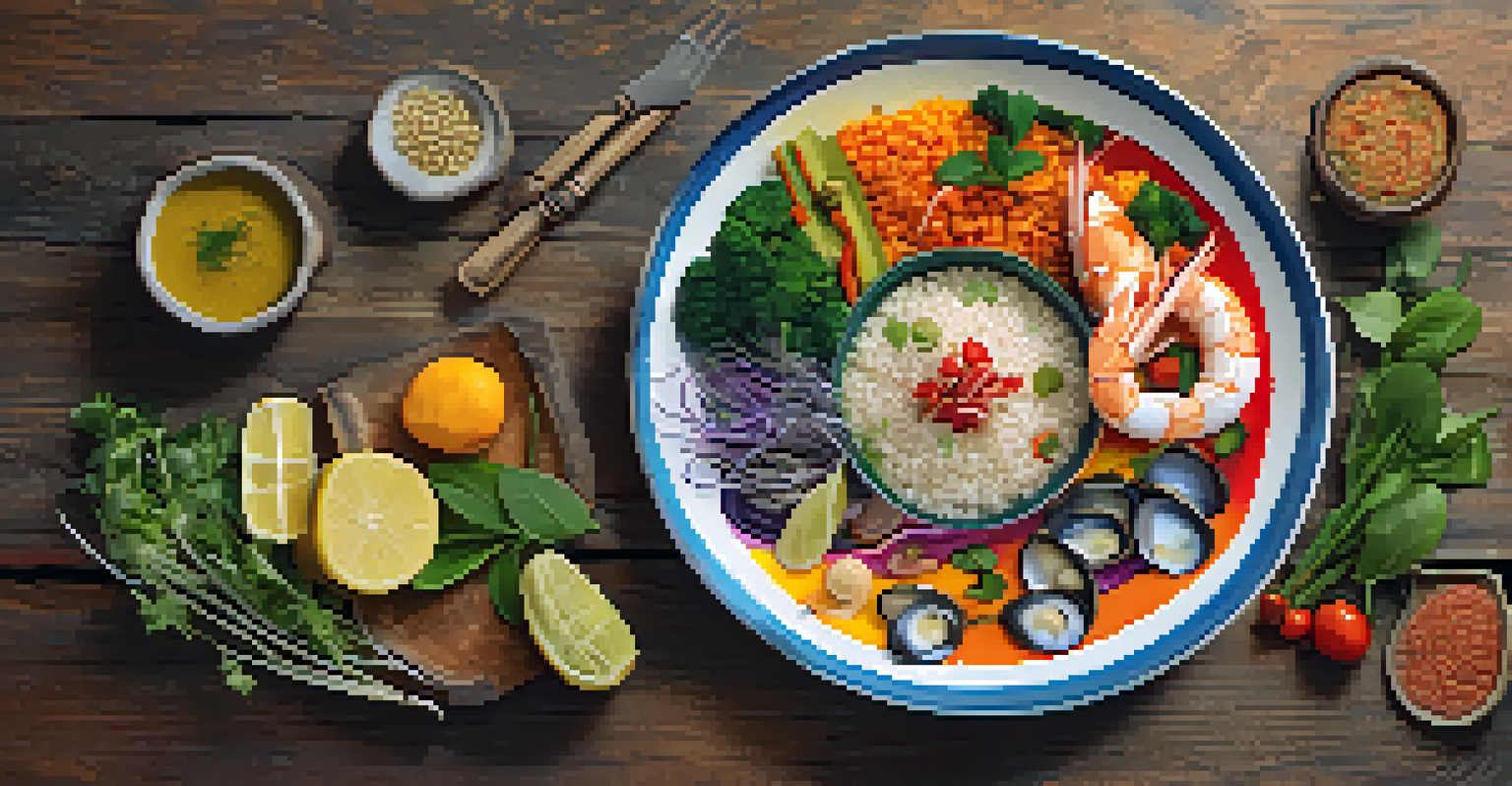 A close-up of a beautifully plated traditional Peruvian dish with vibrant colors and textures, presented on a rustic wooden table.