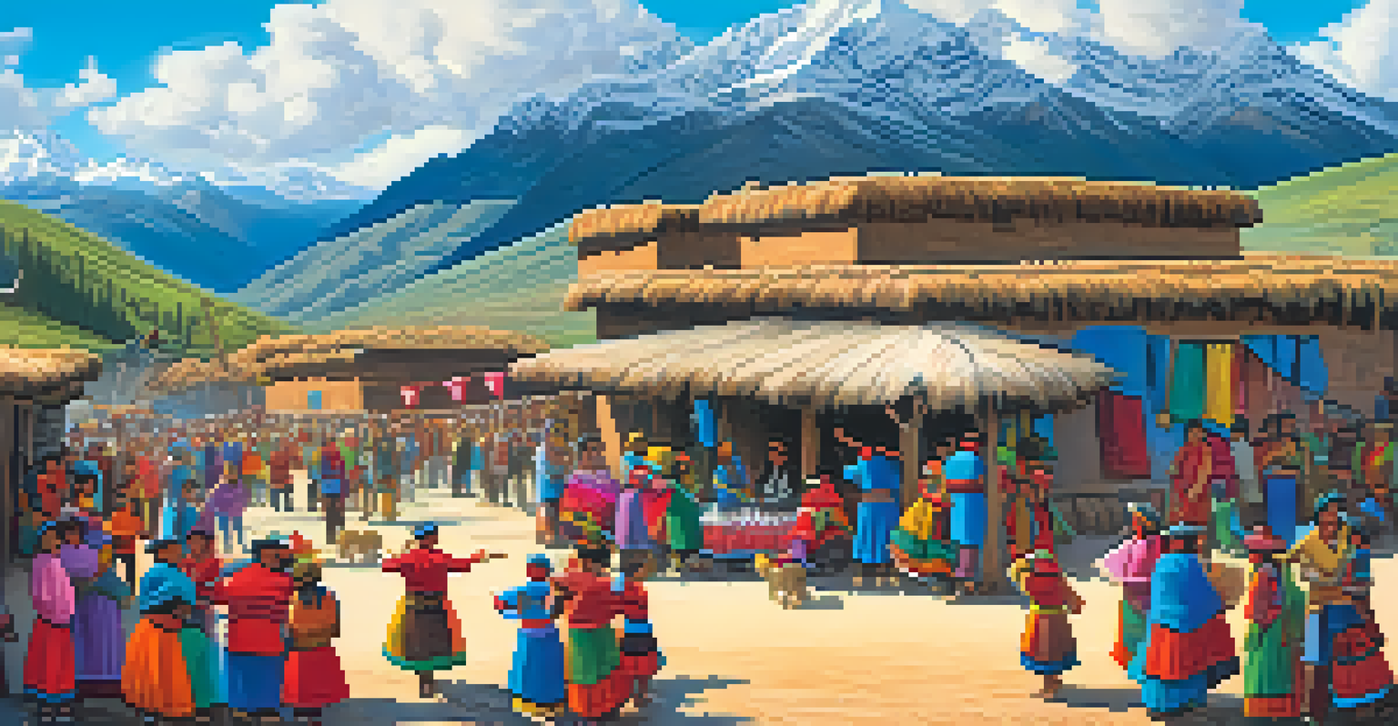 A lively community gathering in an Andean village with traditional dances and colorful decorations.