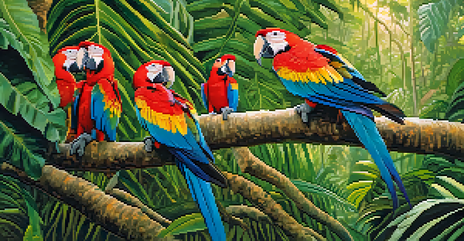 A guided birdwatching tour in the Tambopata National Reserve, featuring a guide pointing towards colorful macaws feeding on clay amidst dense jungle foliage.