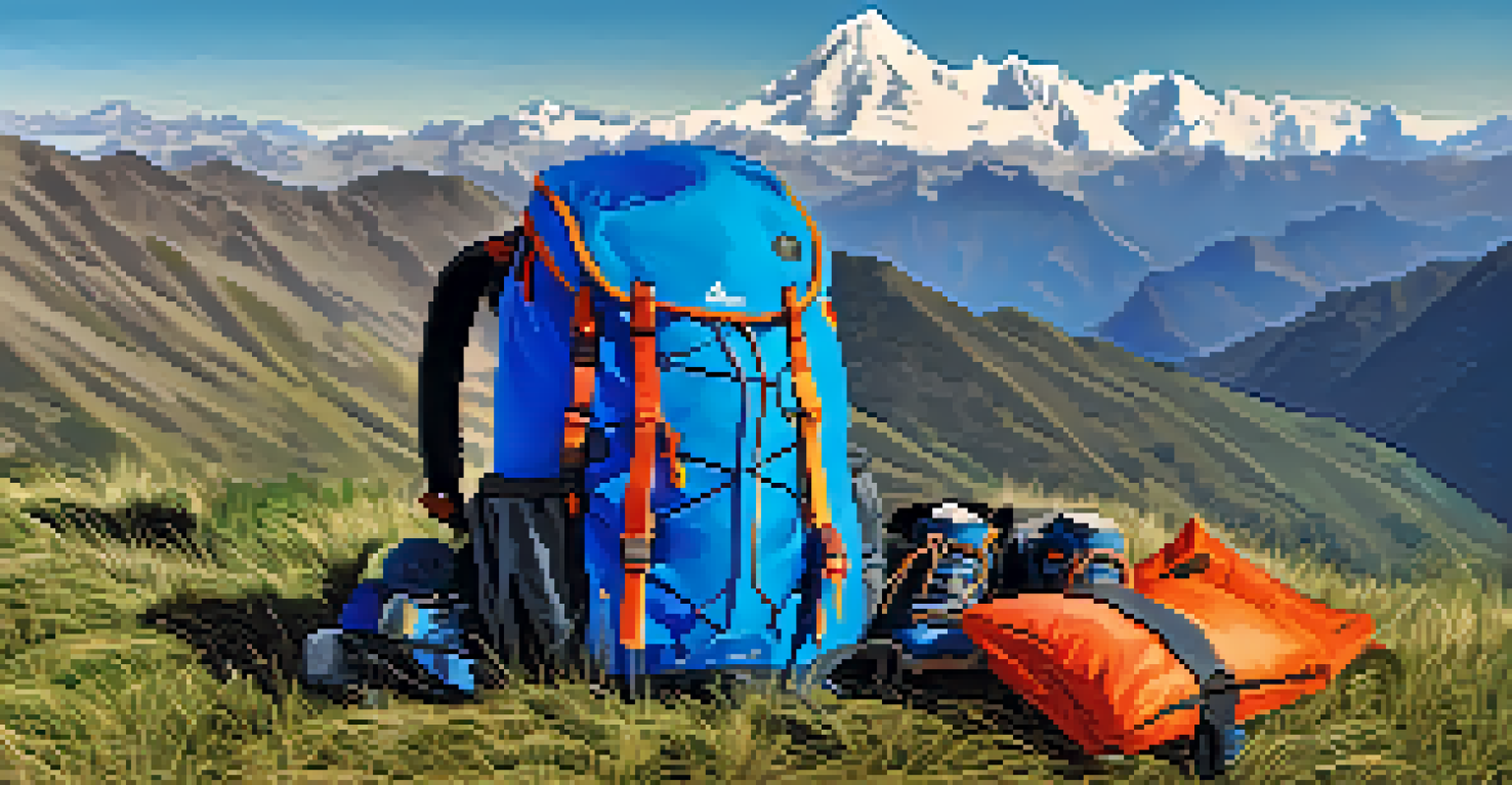 A lightweight blue backpack on a grassy hillside with hiking gear and panoramic views of the Andes mountains.