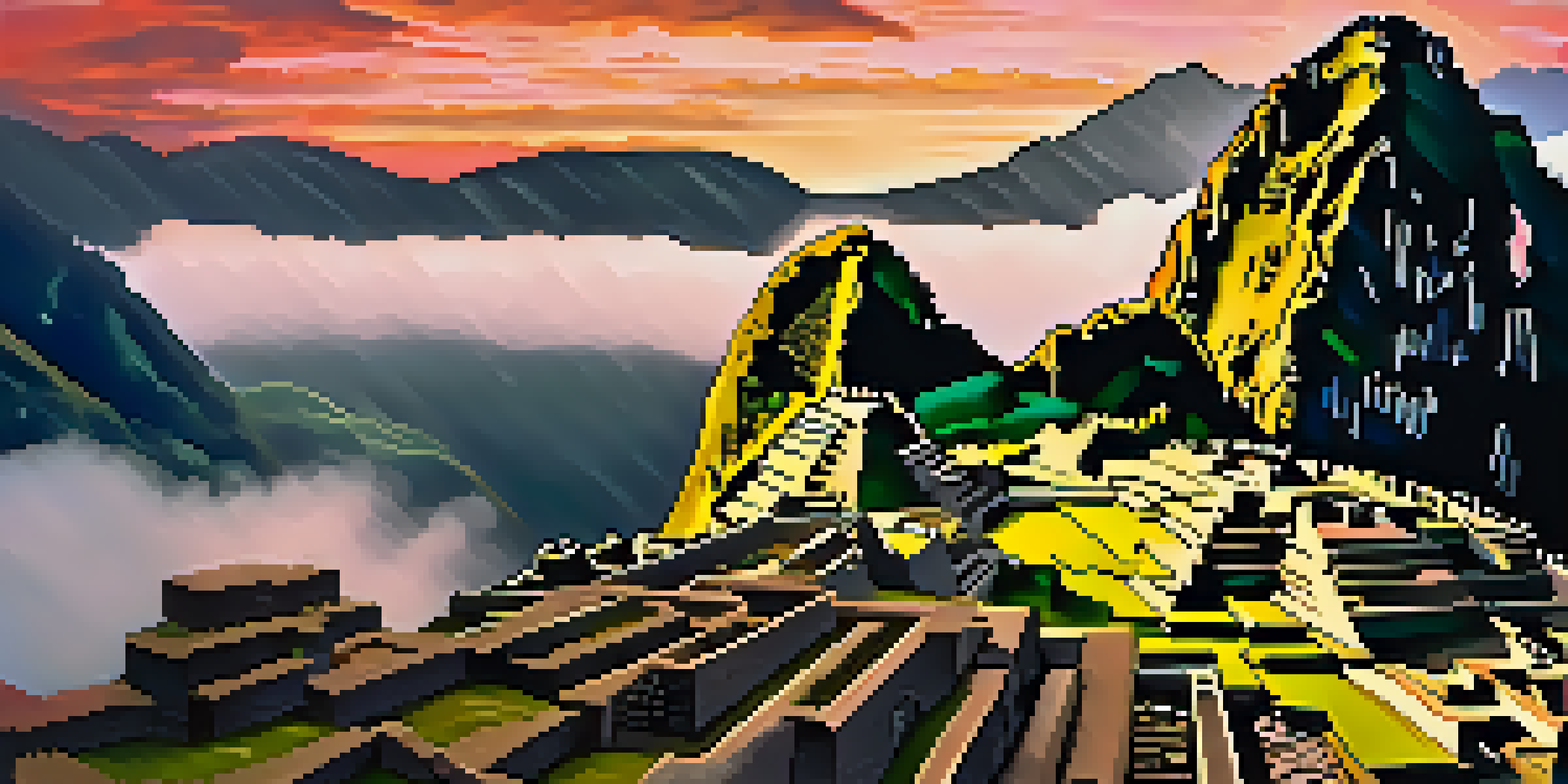 A stunning sunrise view of Machu Picchu, with mist and the Andes mountains, showcasing ancient Incan ruins and lush greenery.