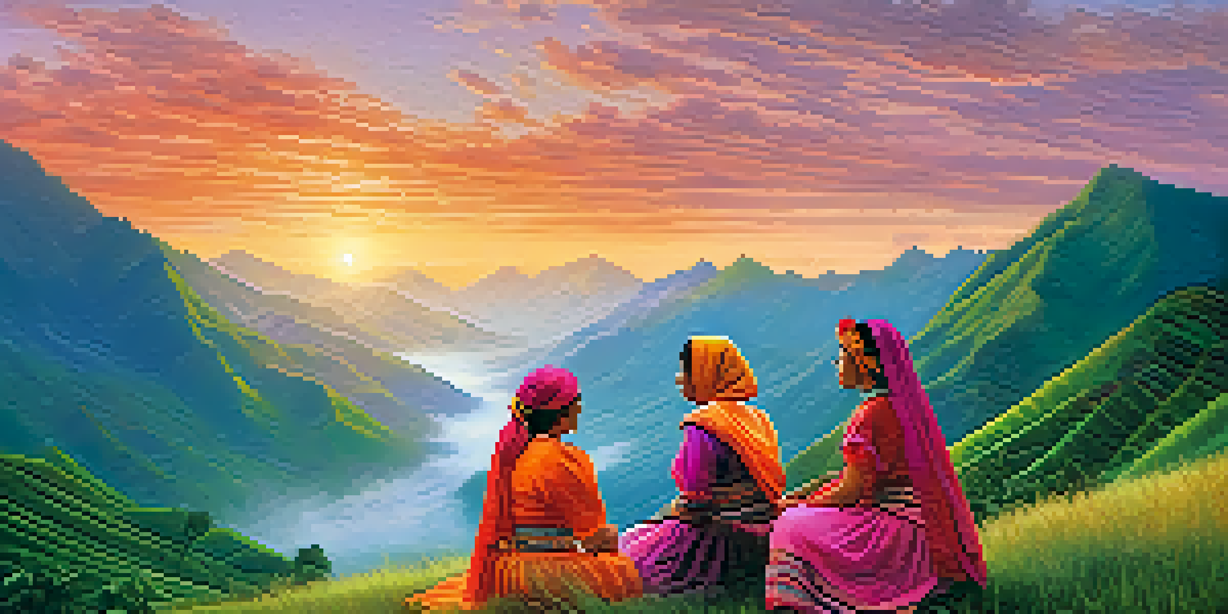 A beautiful Peruvian countryside with women in traditional attire discussing in the foreground, and mountains in the background during sunset.