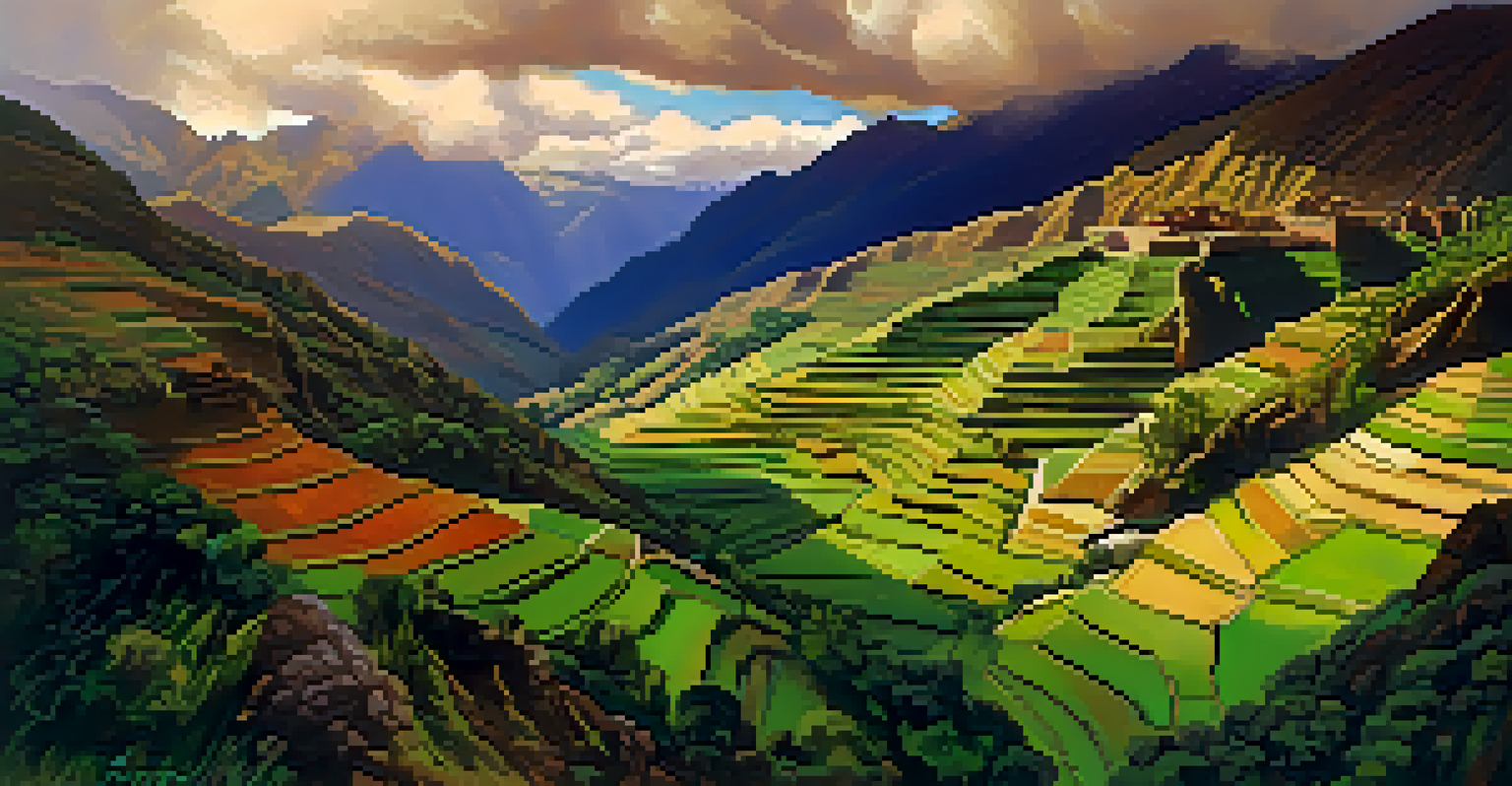 Aerial view of the Sacred Valley with green terraces, Inca ruins, and the Andes mountains, featuring vibrant colors and soft clouds.