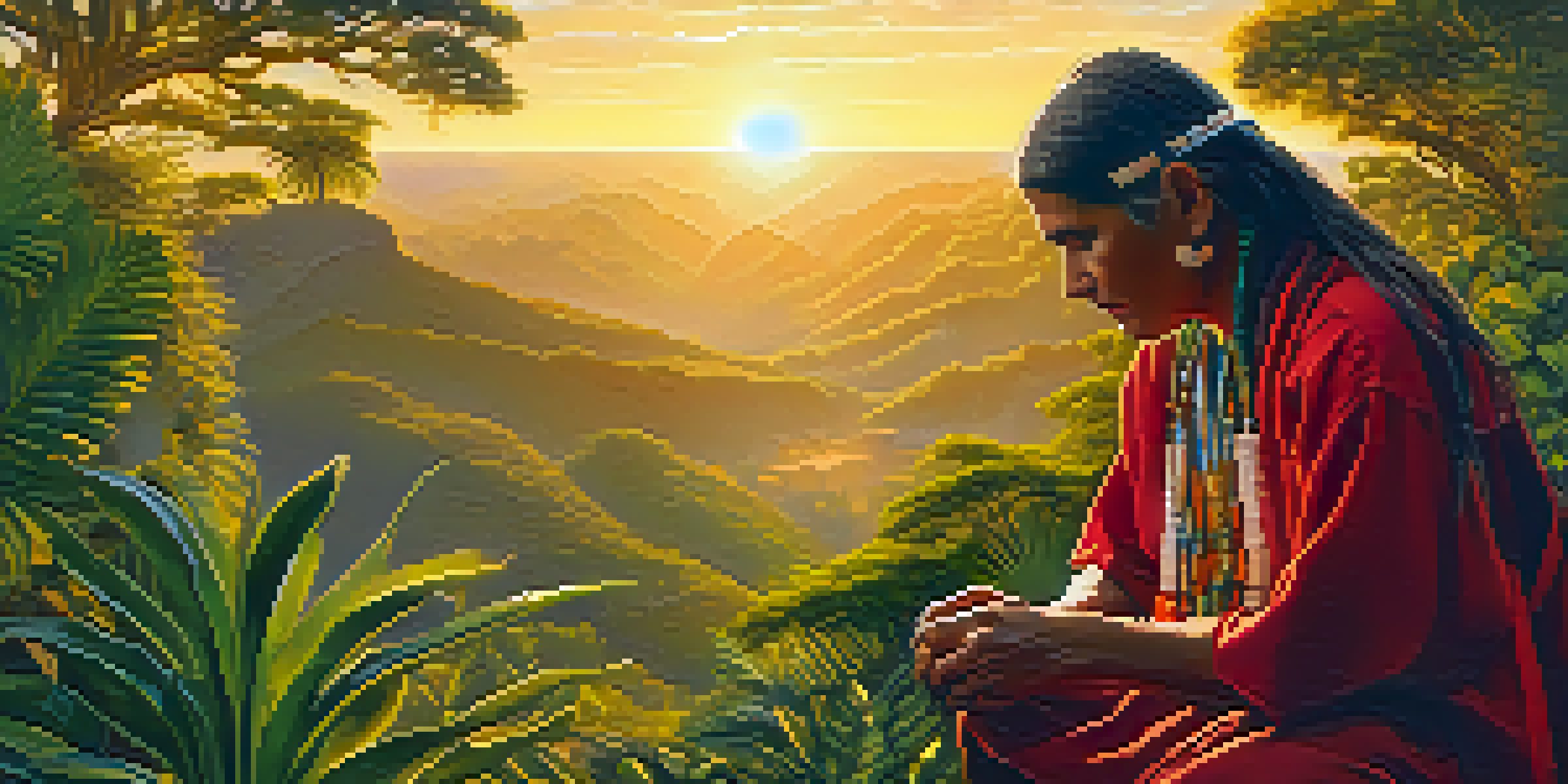 A shaman in traditional Peruvian clothing conducting a healing ritual in a lush green landscape during sunrise.