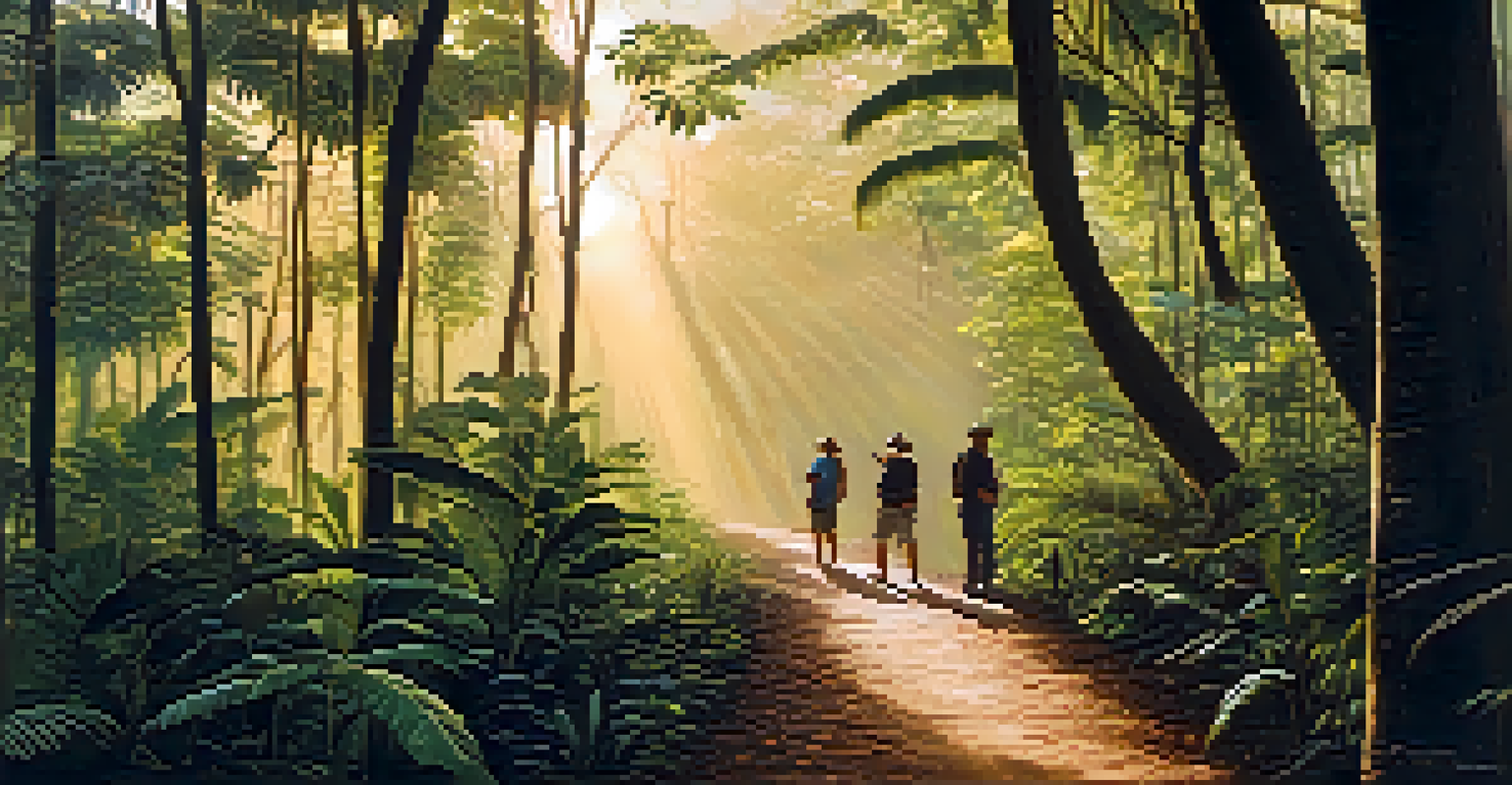 A local guide leading tourists through the Amazon rainforest at sunrise, with golden light filtering through the trees.