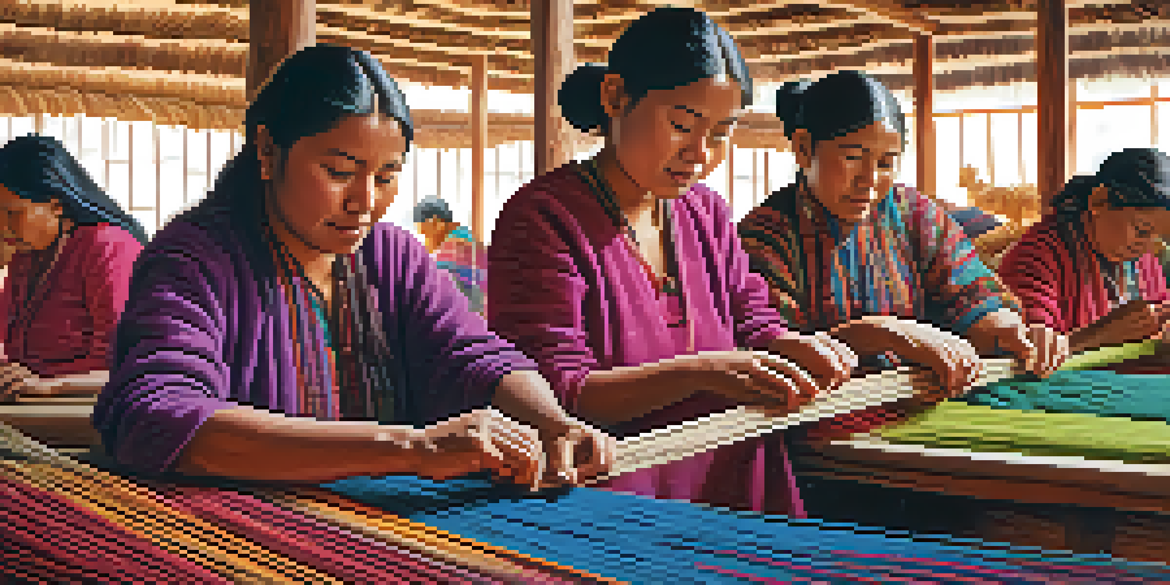 A group of artisans weaving colorful textiles in a well-lit workshop with mountains in the background.