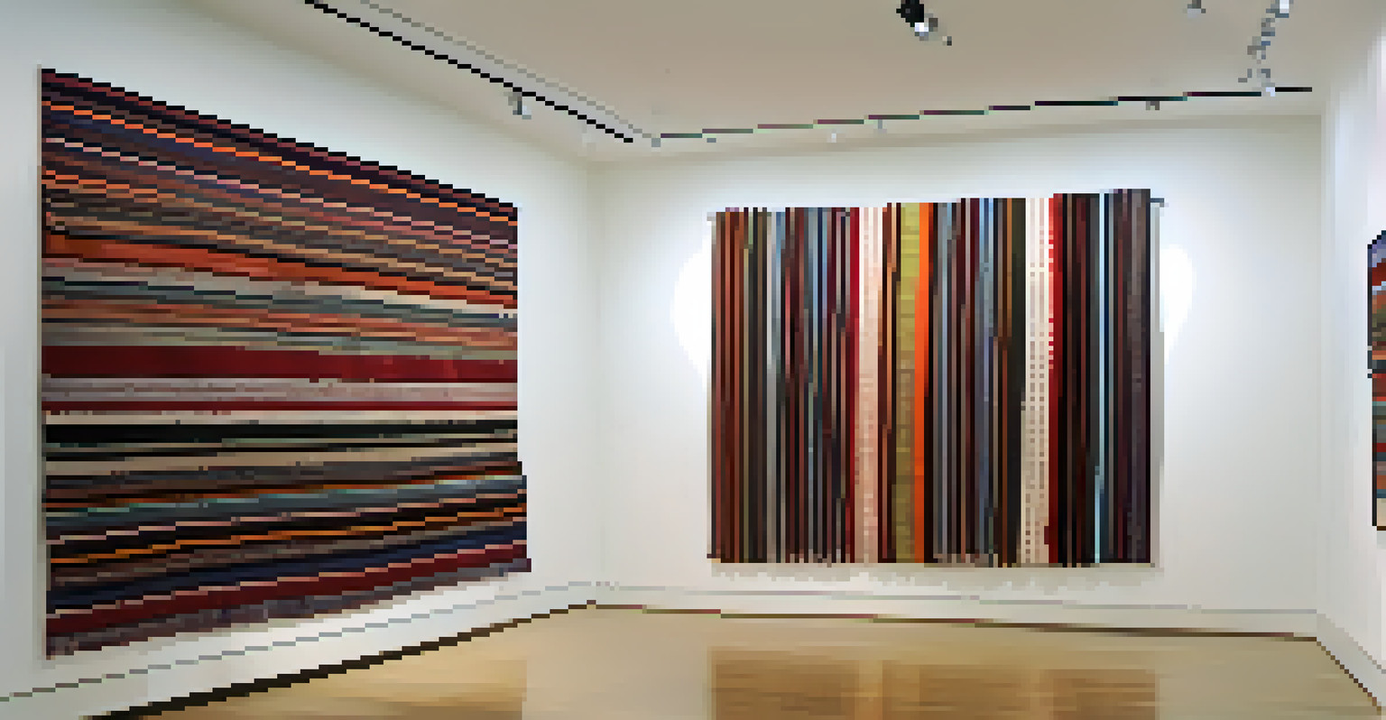 A minimalist gallery space displaying a contemporary art installation with large-scale Peruvian textiles, highlighting a fusion of traditional and modern design elements.
