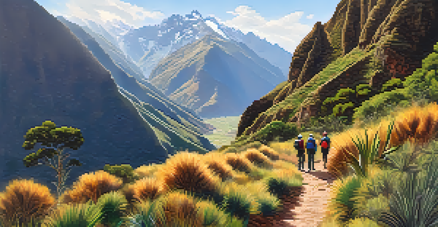 Hikers on a guided nature walk in the Sacred Valley, surrounded by mountains and greenery.