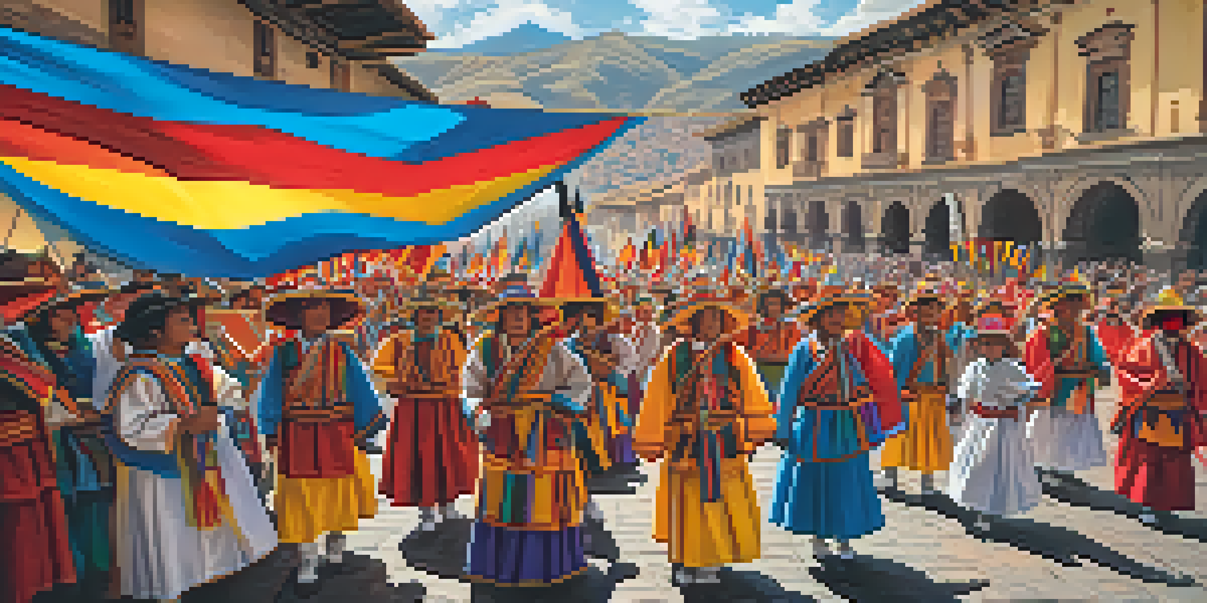 A colorful procession celebrating the Inti Raymi festival in Cusco, with participants in traditional attire and a sunny atmosphere.